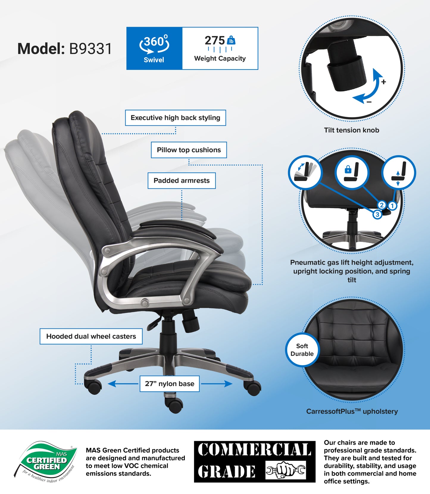 Boss High Back Executive Chair With Pewter Finished Base/Arms image 3