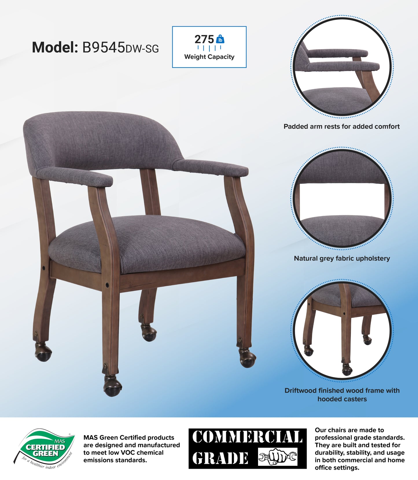 Boss Modern Captain's guest, accent or dining chair in Slate Grade Commercial Grade Linen With Casters image 3