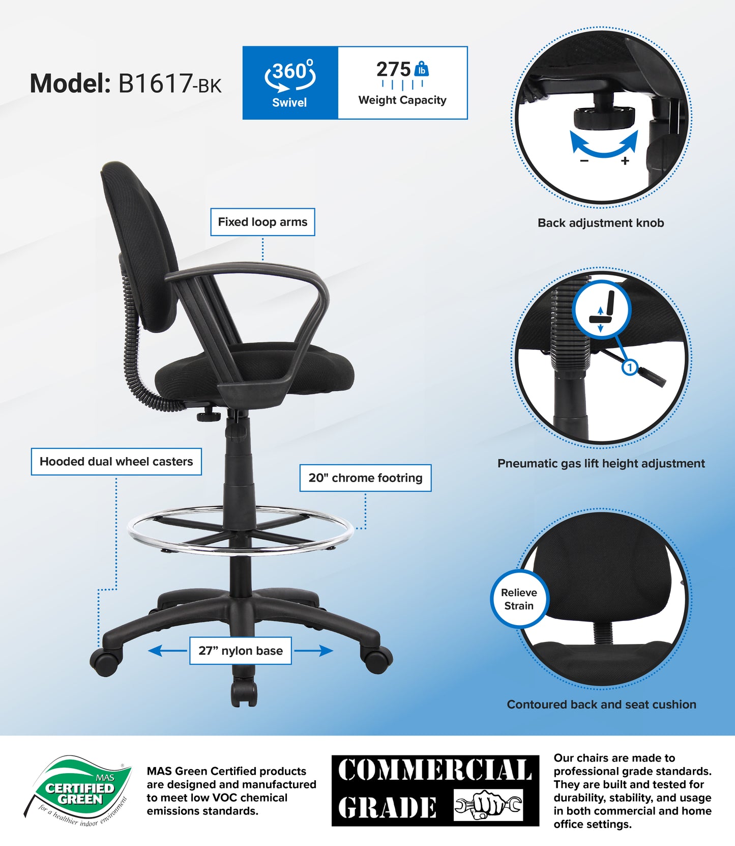 Boss Drafting Stool W/Footring And Loop Arms image 3