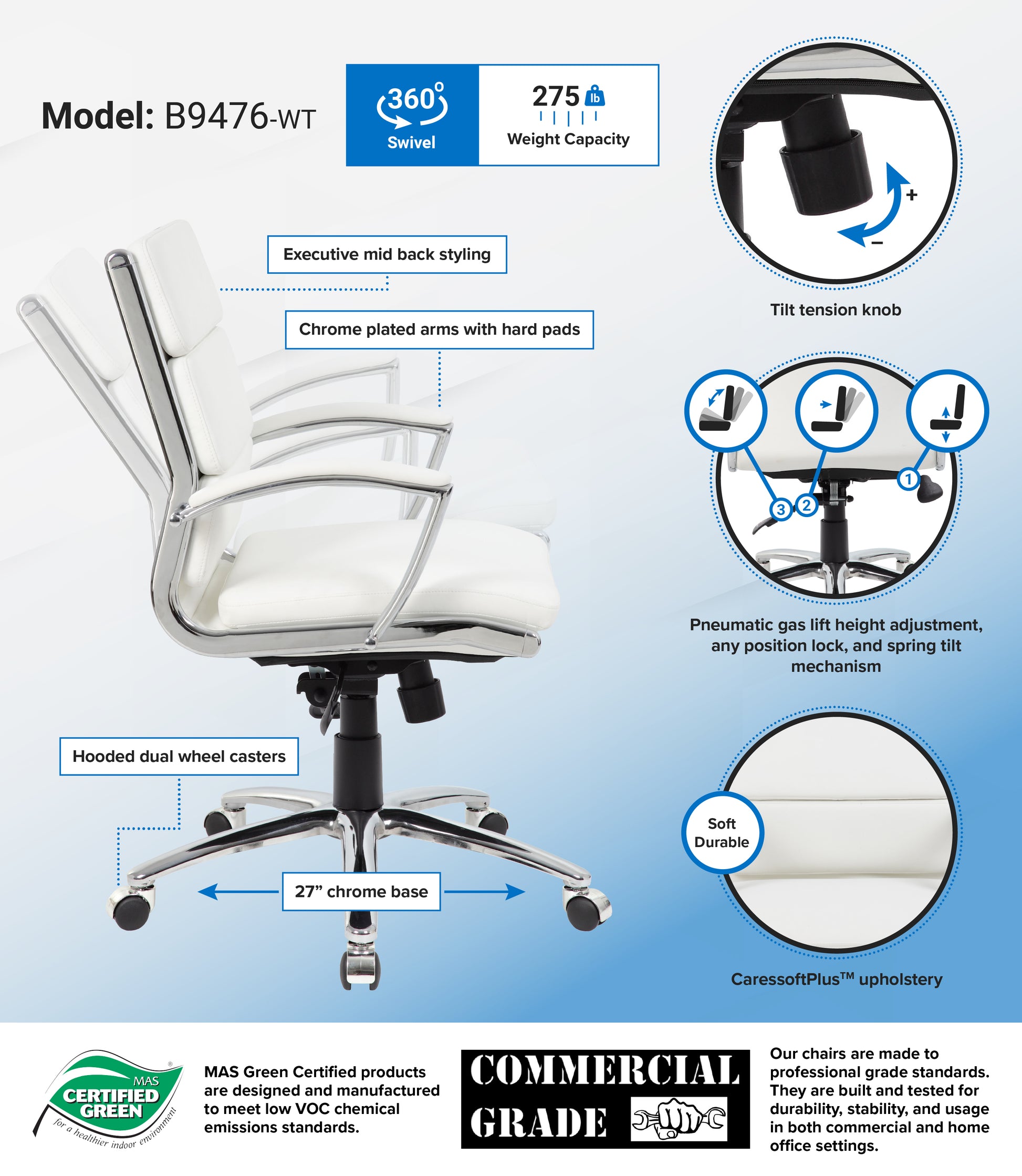 Boss Executive CaressoftPlus Chair with Metal Chrome Finish - Mid Back image 3