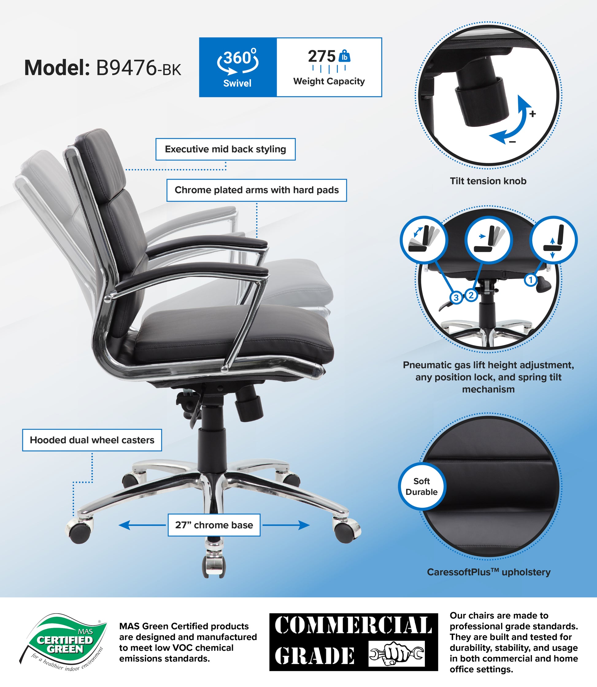 Boss Executive CaressoftPlus Chair with Metal Chrome Finish - Mid Back image 3