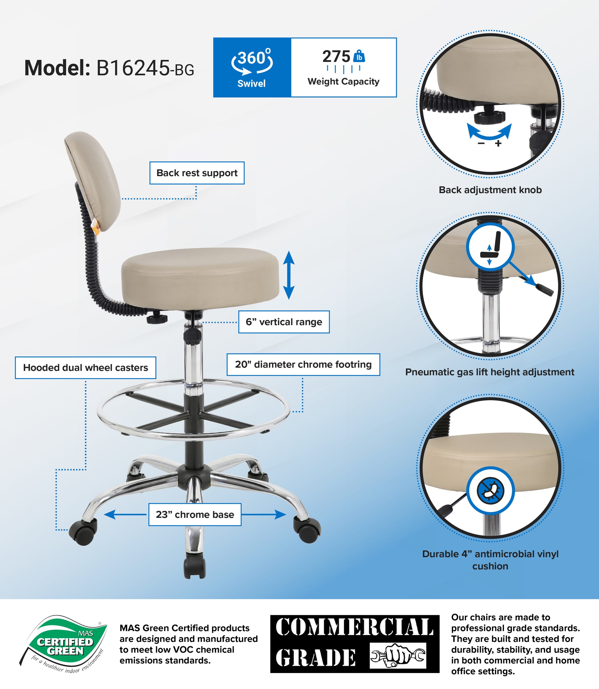 Boss Caressoft Medical/Drafting Stool W/ Back Cushion image 3