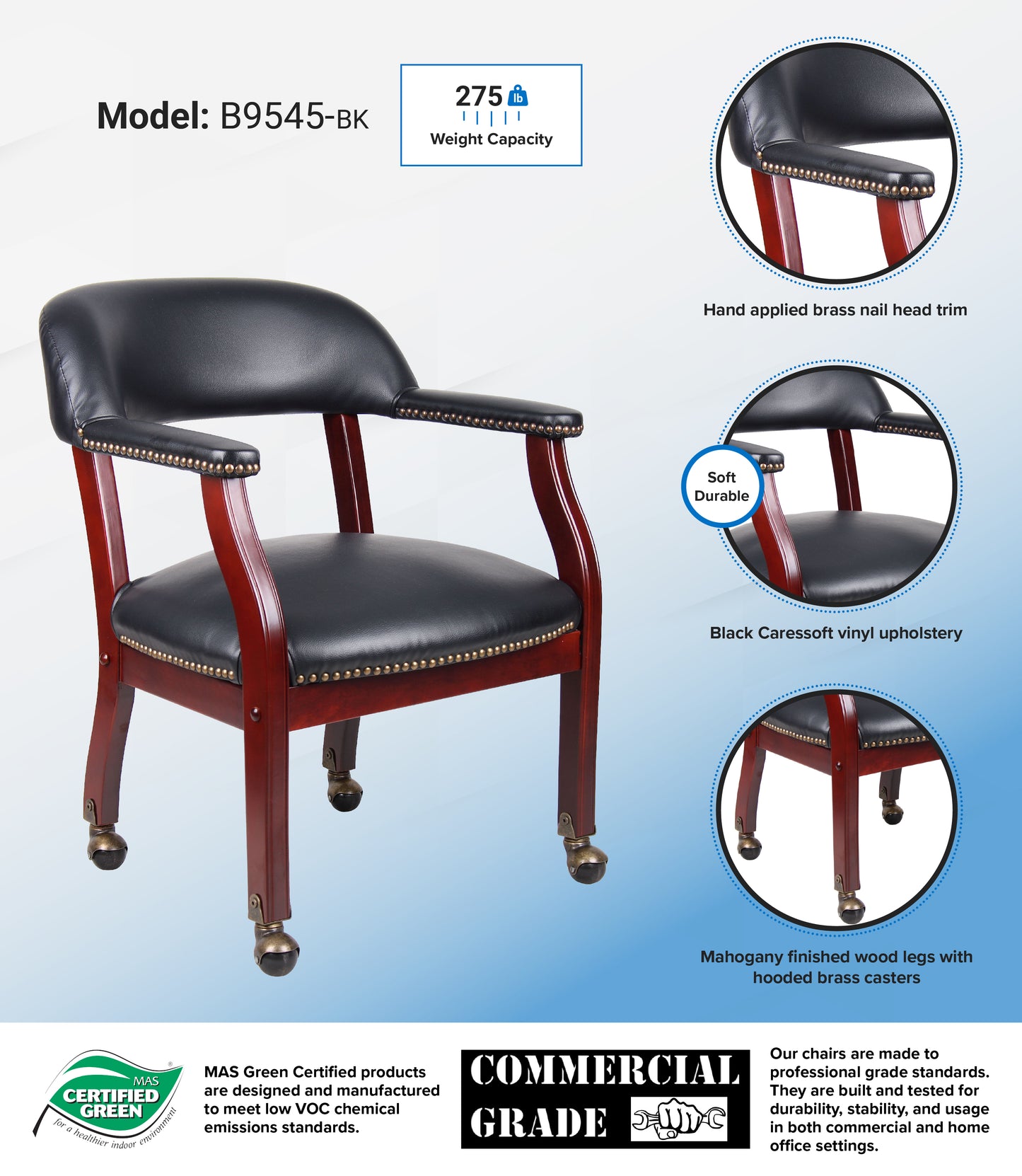 Boss Captain's guest, accent or dining chair in Black Vinyl W/ Casters image 3