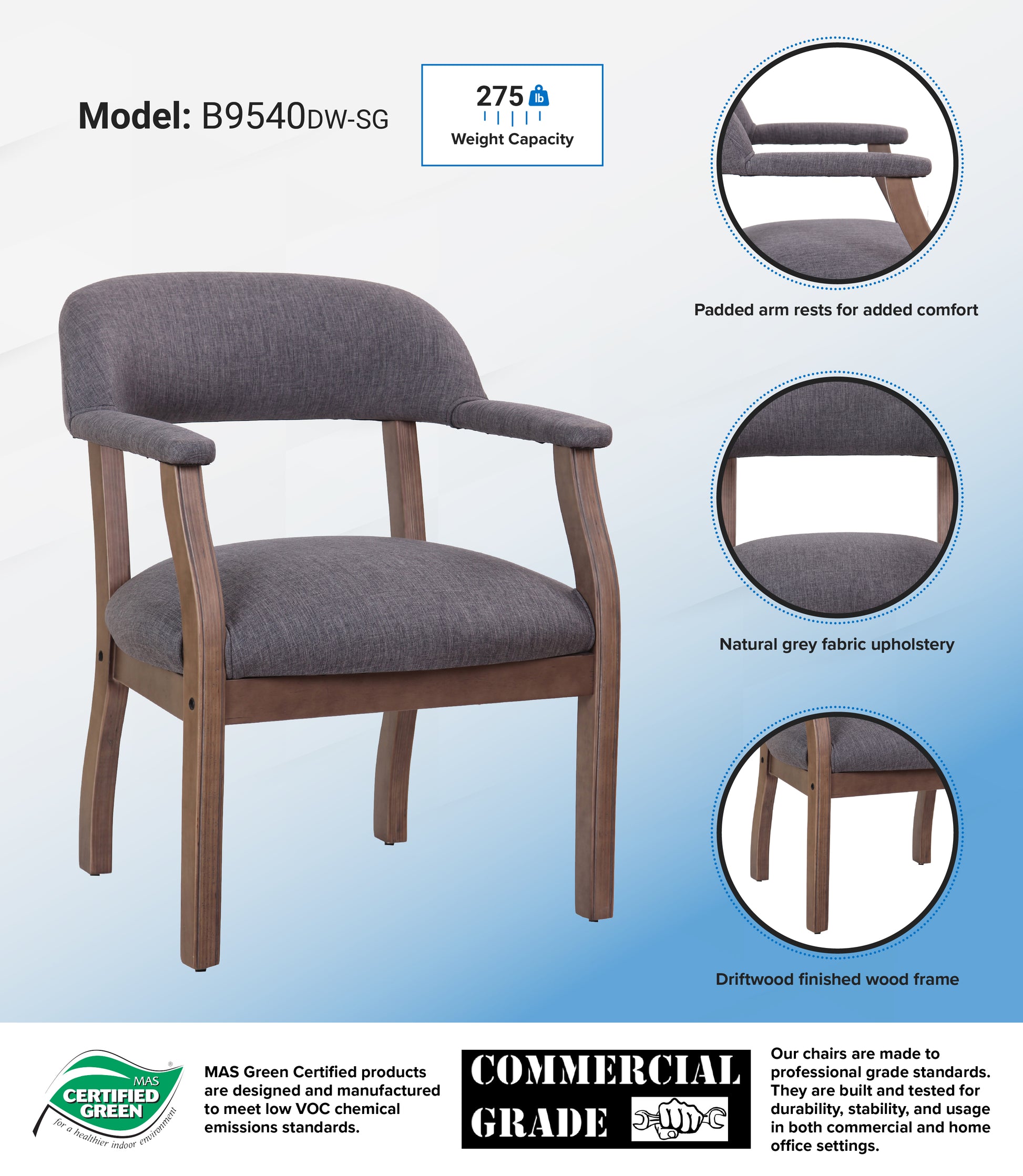 Boss Modern Captain's guest, accent or dining chair in Slate Grade Commercial Grade Linen image 3