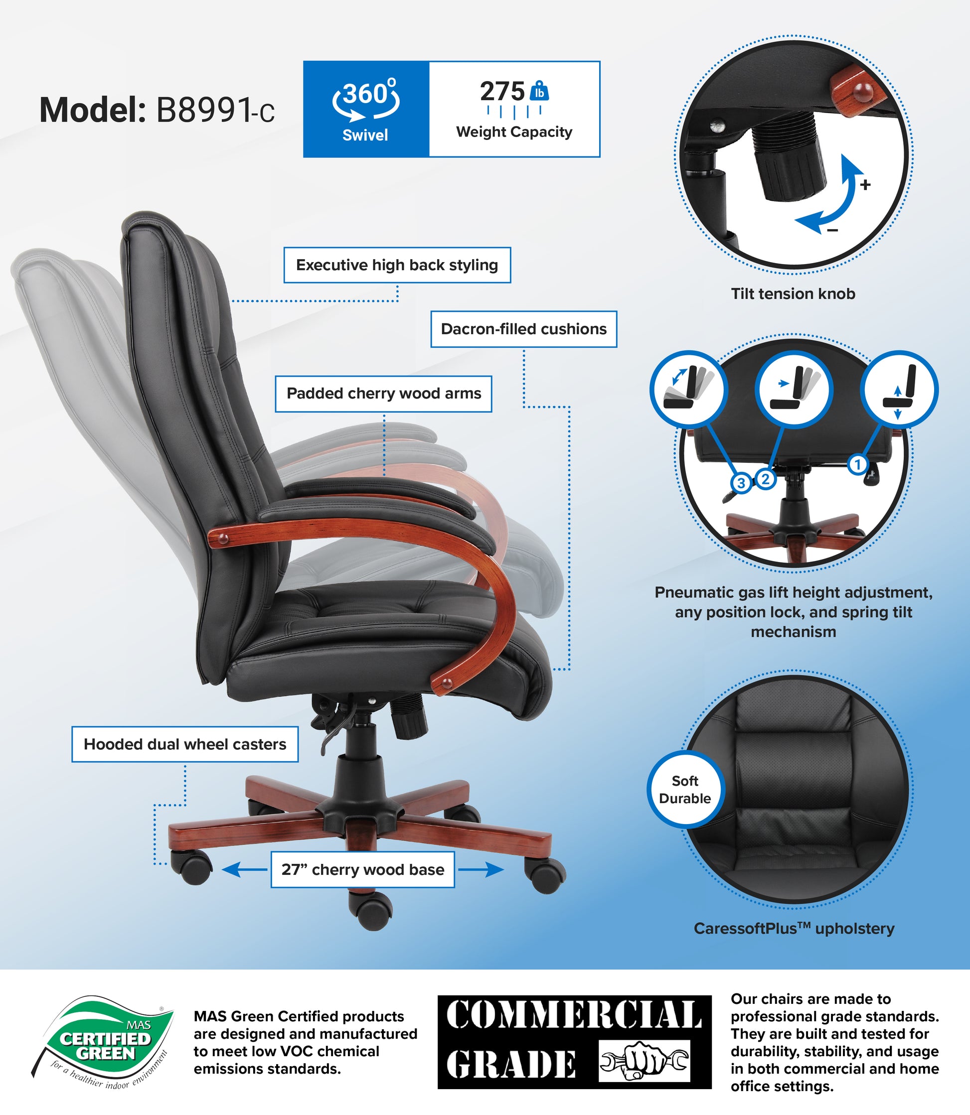 Boss High Back Executive Wood Finished Chair, Cherry image 2