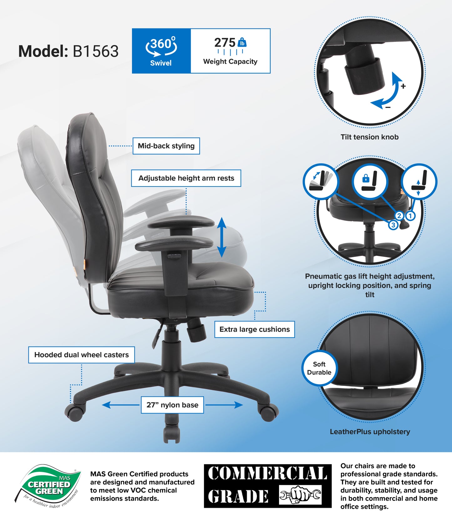 Boss Black Leather Task Chair W/ Adjustable Arms image 3