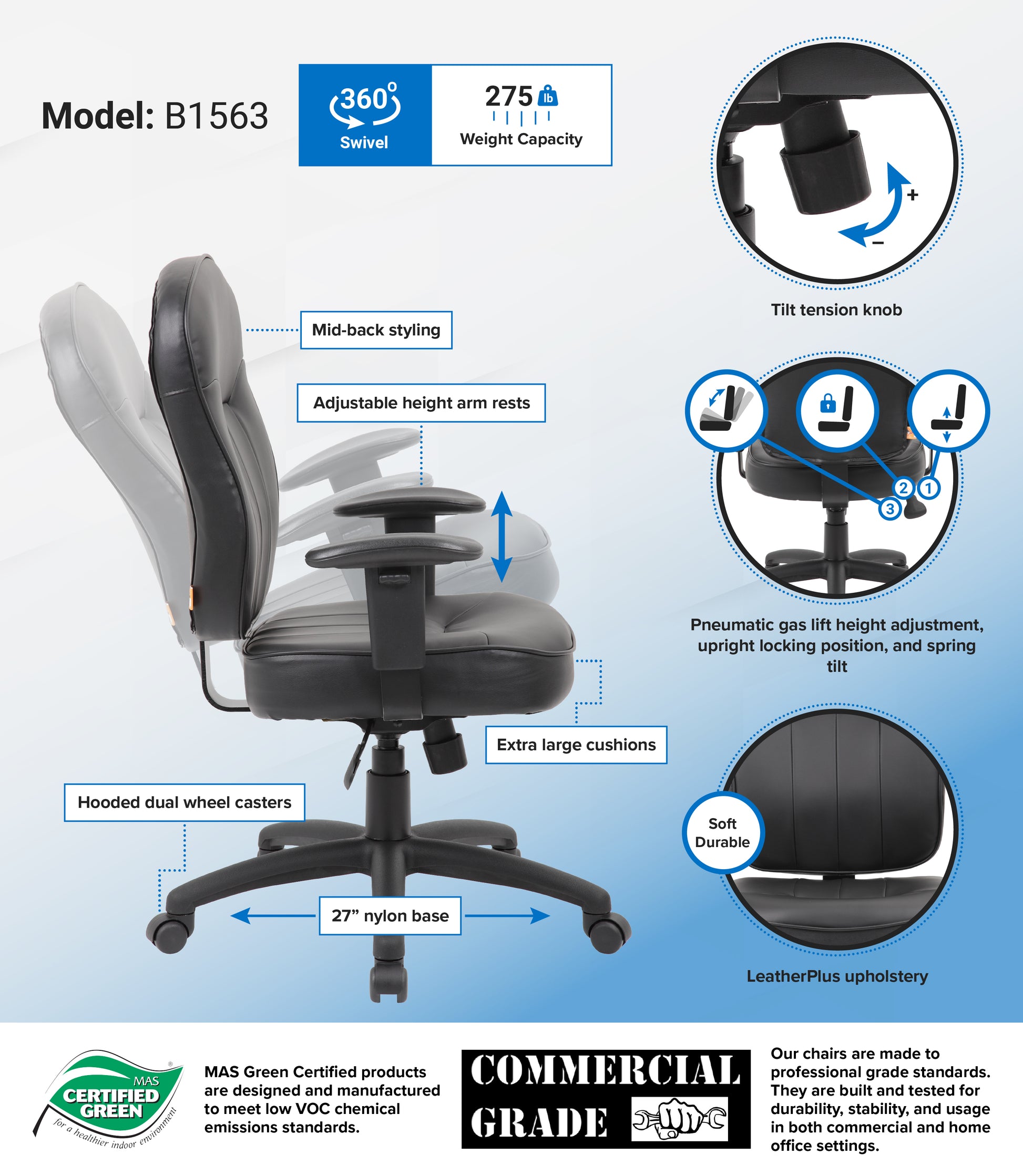 Boss Black Leather Task Chair W/ Adjustable Arms image 3