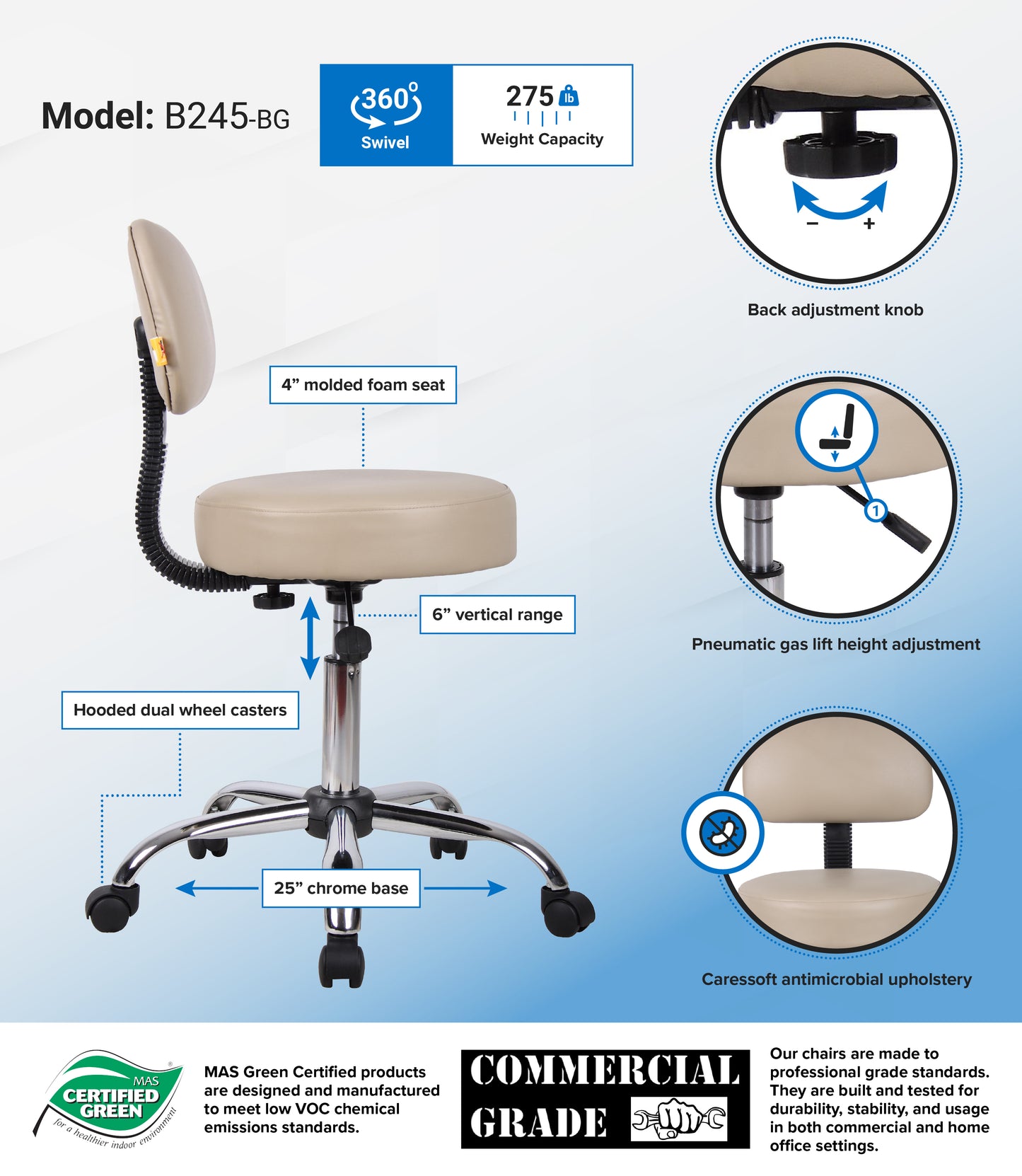 Boss Beige Caressoft Medical Stool W/ Back Cushion image 3