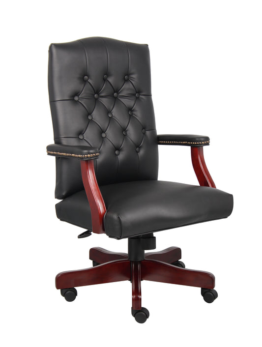Boss Classic Black Caressoft Chair With Mahogany Finish Frame