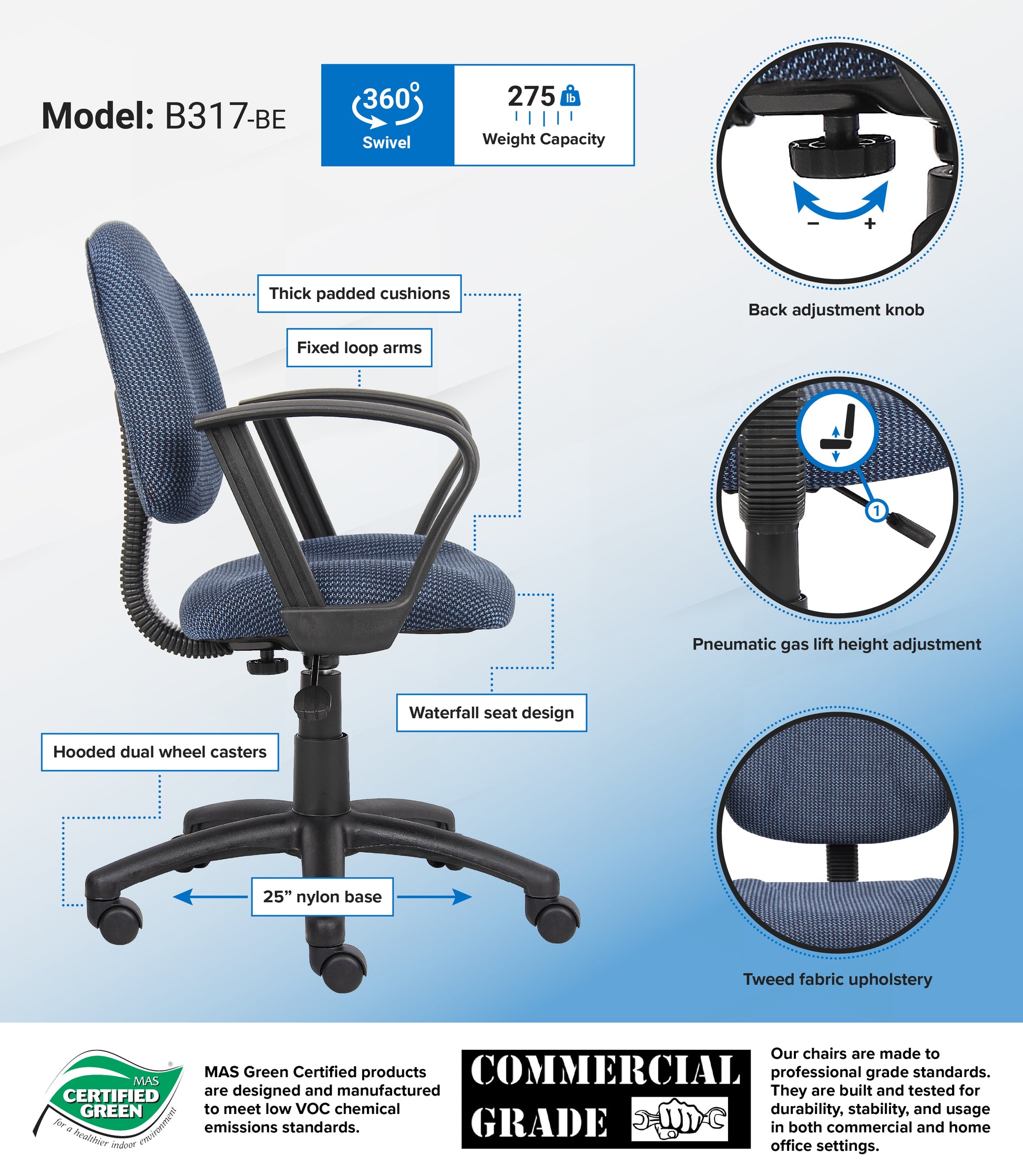Boss Blue  Deluxe Posture Chair W/ Loop Arms image 3