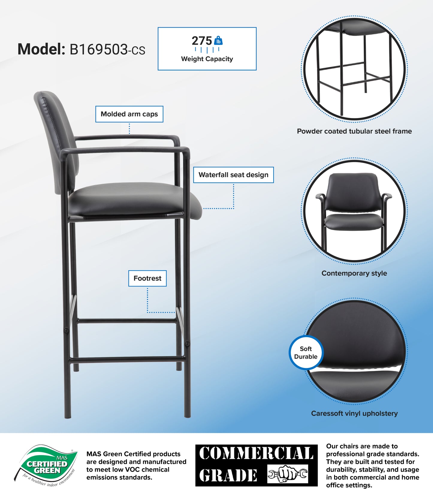 Boss Square Back Diamond Stool W/Arm In Black Caressoft image 3