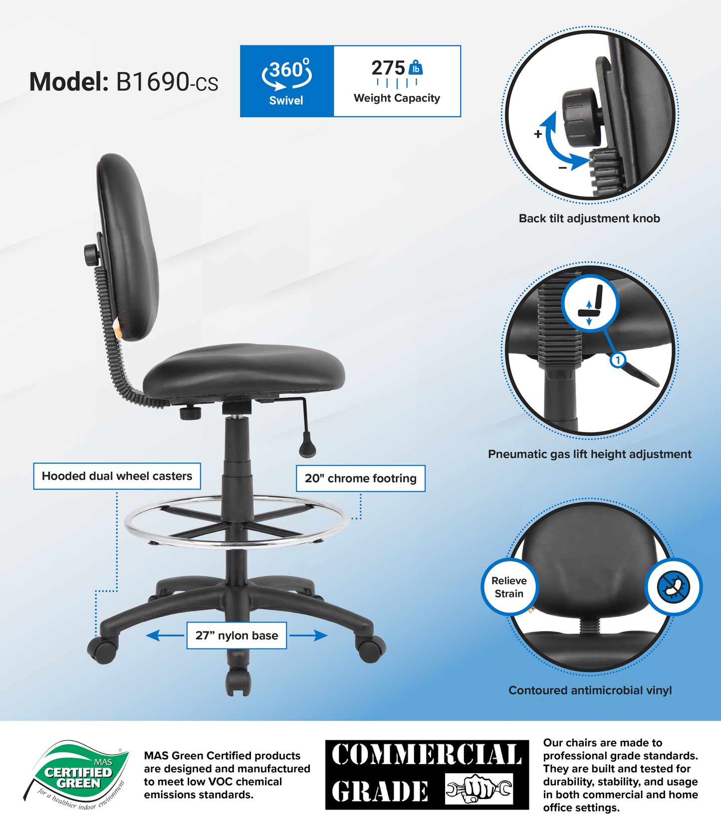 Boss Black Antimicrobial Drafting Stools W/Footring image 3