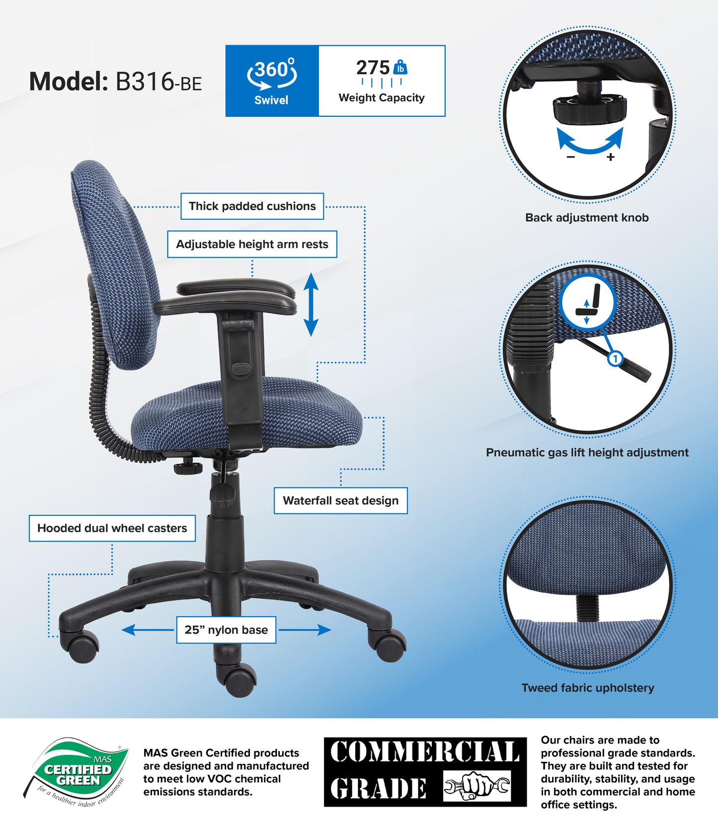 Boss Blue  Deluxe Posture Chair W/ Adjustable Arms image 3