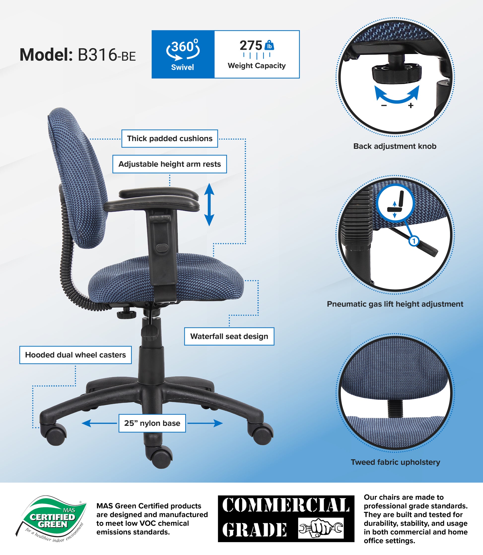 Boss Blue  Deluxe Posture Chair W/ Adjustable Arms image 3
