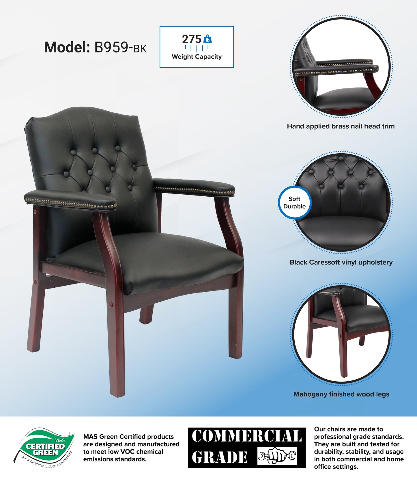 Boss Traditional Black Caressoft guest, accent or dining chair W/ Mahogany Finish image 3