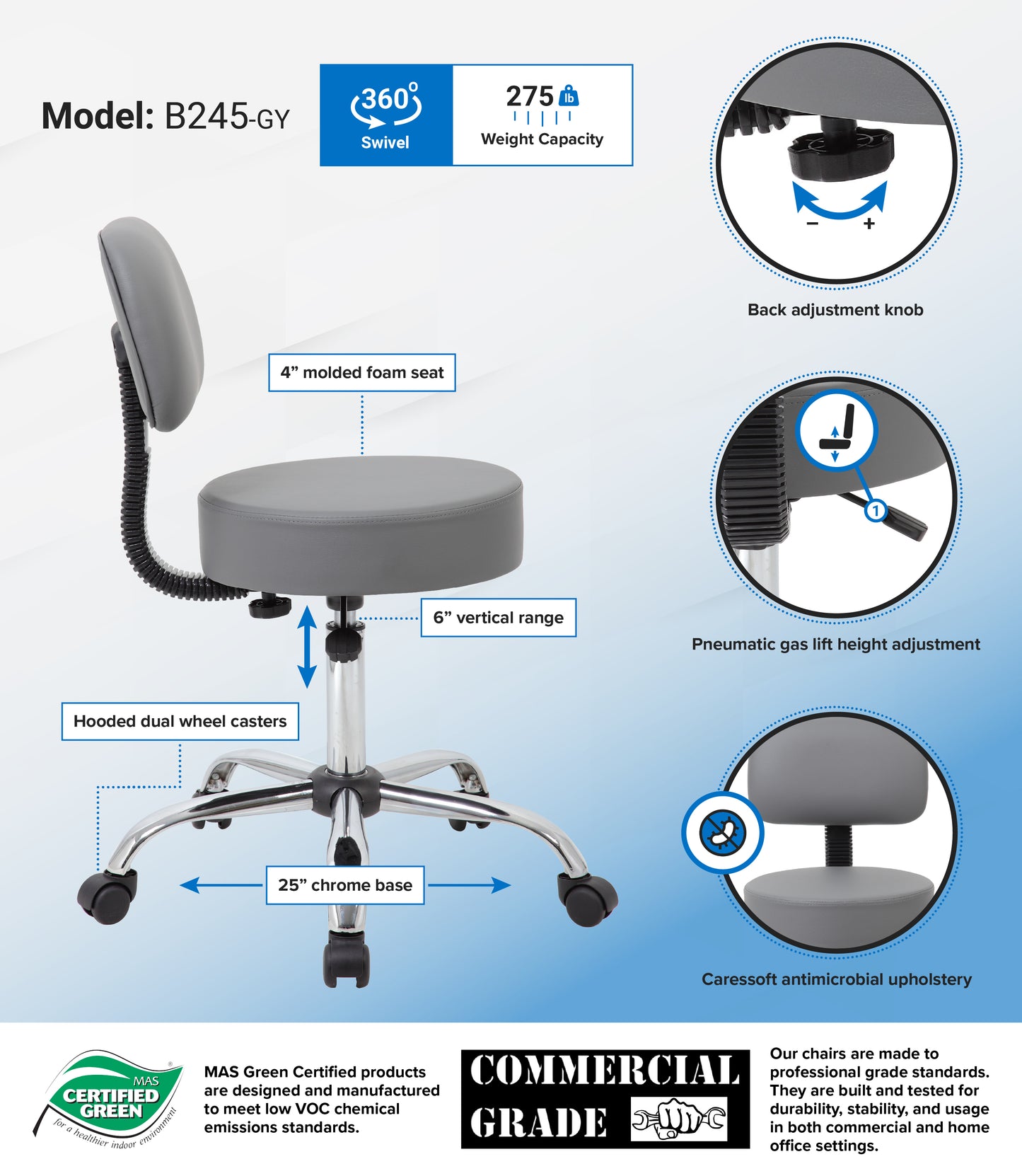 Boss Grey Antimicrobial Medical Stool W/ Back Cushion image 3