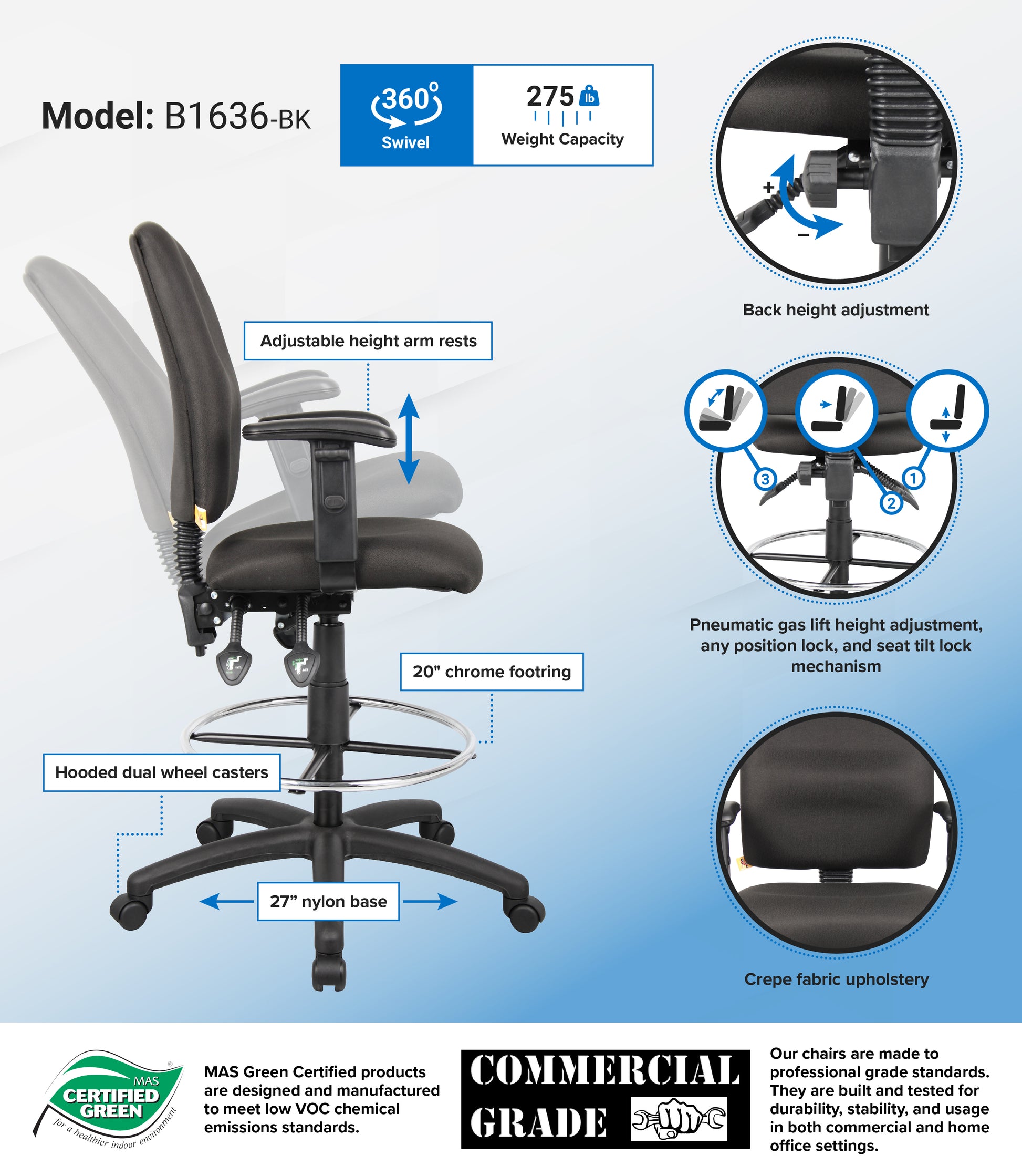 Boss Multi-Function Fabric Drafting Stool W/ Adjustable Arms image 3