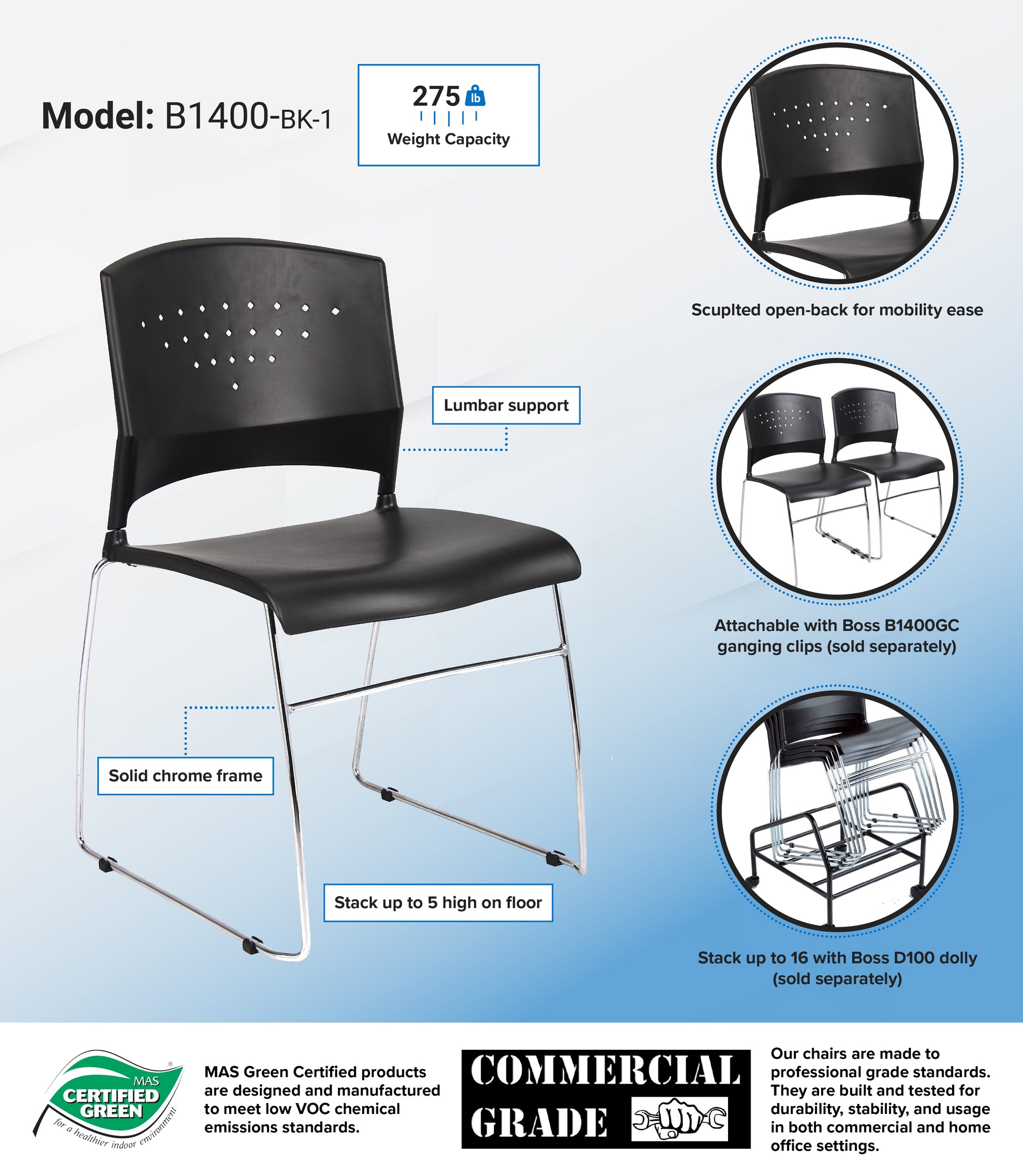Boss Black Stack Chair With Chrome Frame 4 Pcs Pack image 3