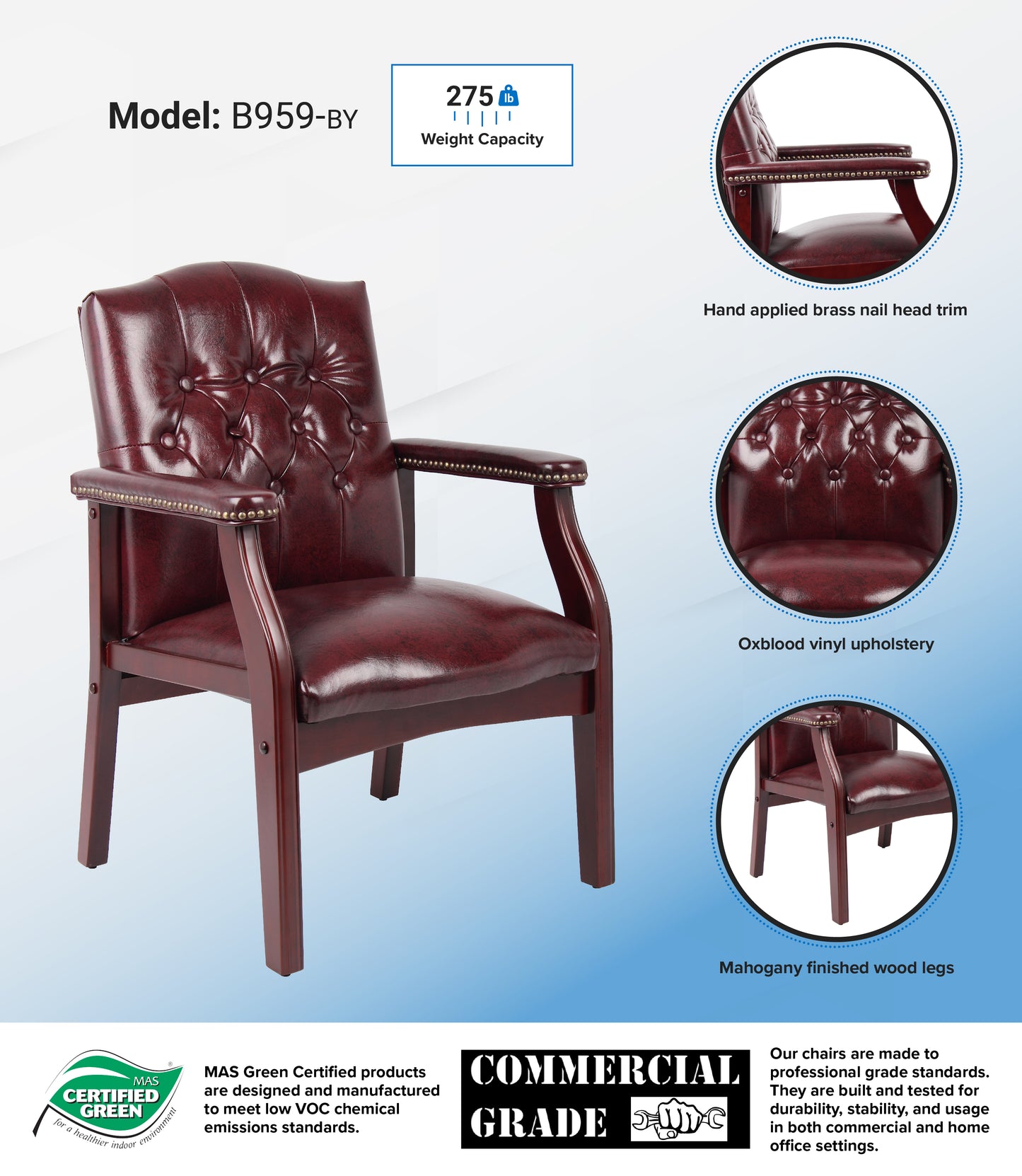 Boss Traditional Oxblood Vinyl guest, accent or dining chair W/ Mahogany Finish image 3