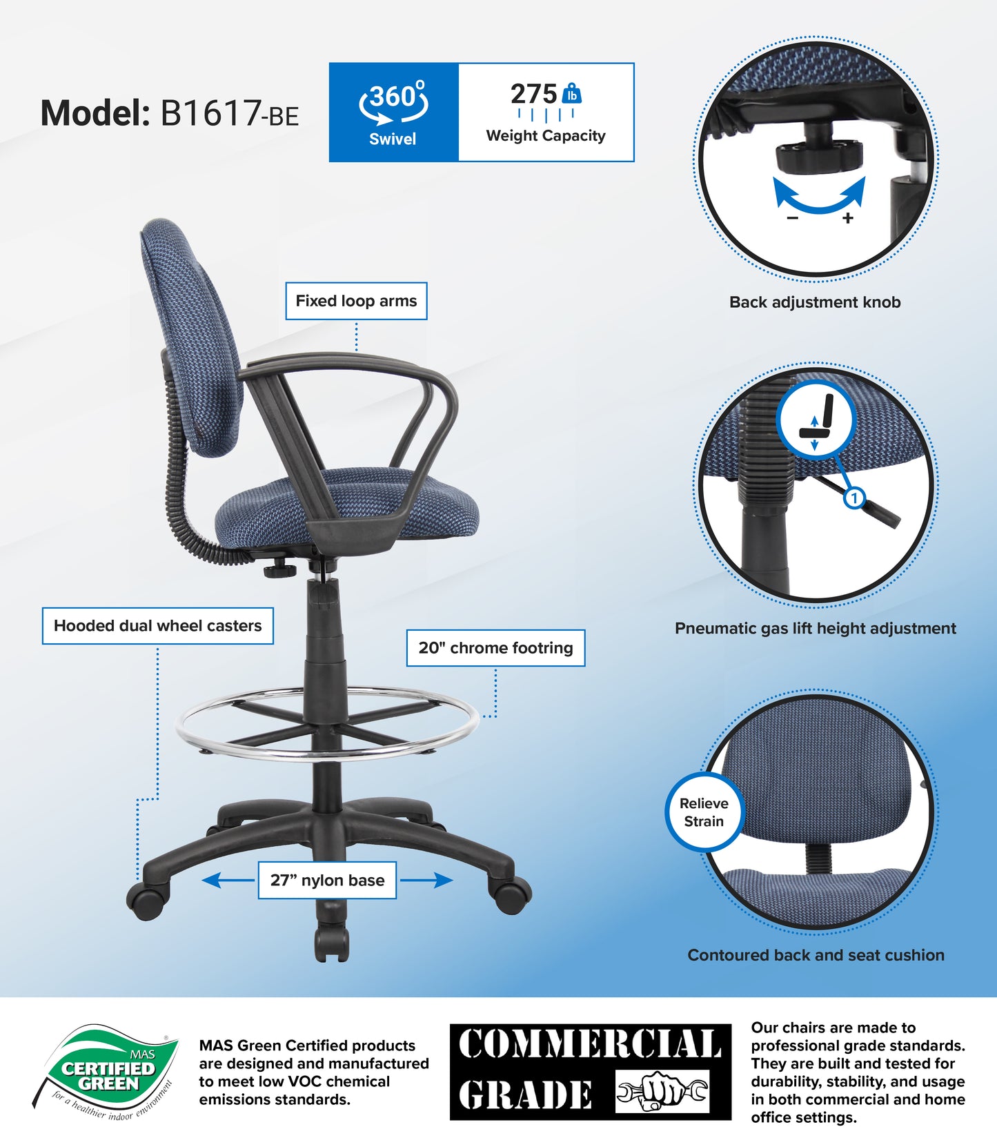 Boss Drafting Stool (B315-Be) W/Footring And Loop Arms image 3