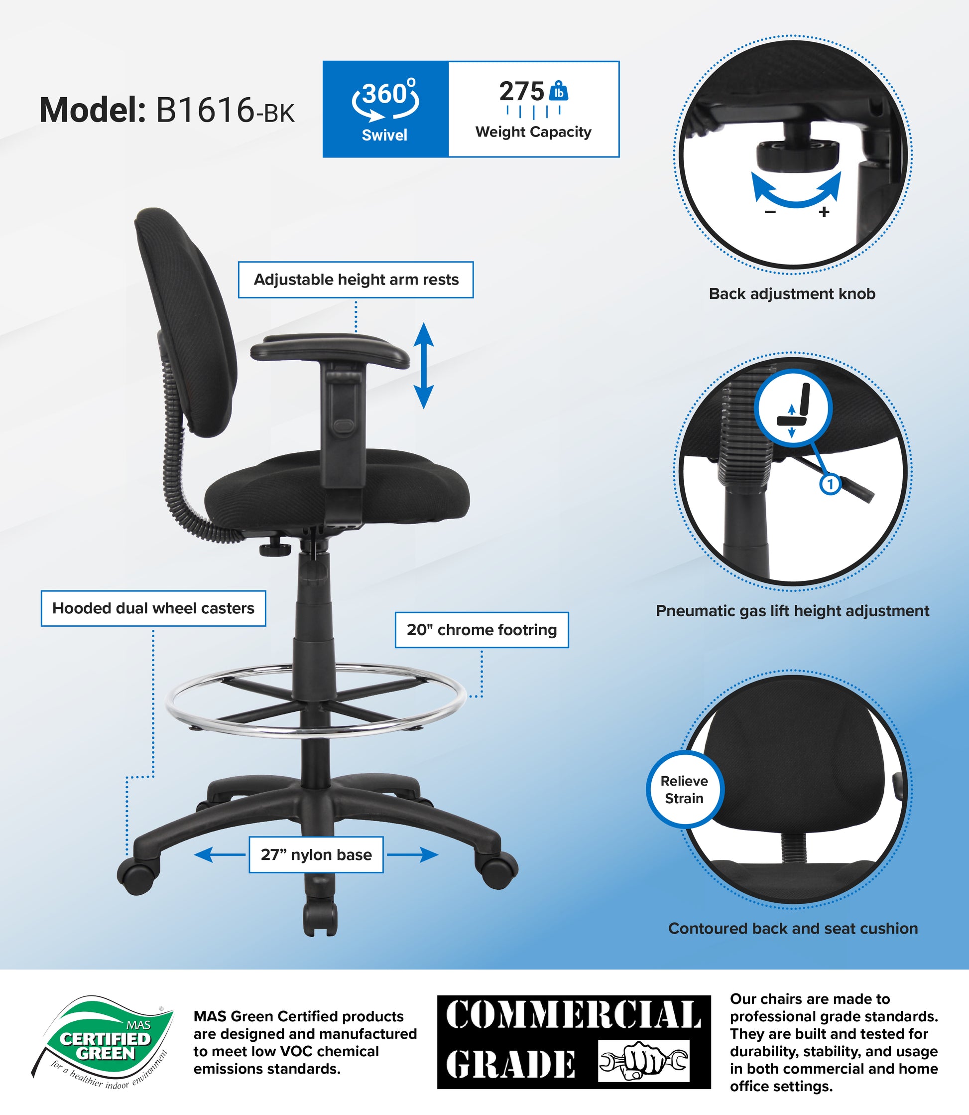 Boss Drafting Stool (B315-Bk) W/Footring And Adjustable Arms image 3