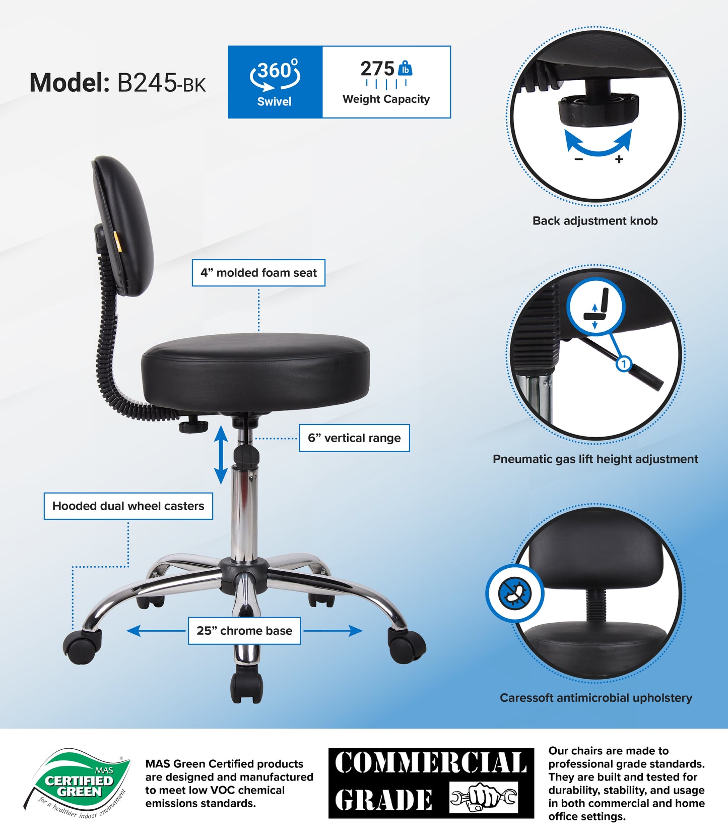 Boss Black Antimicrobial Vinyl Medical Stool W/ Back Cushion image 3