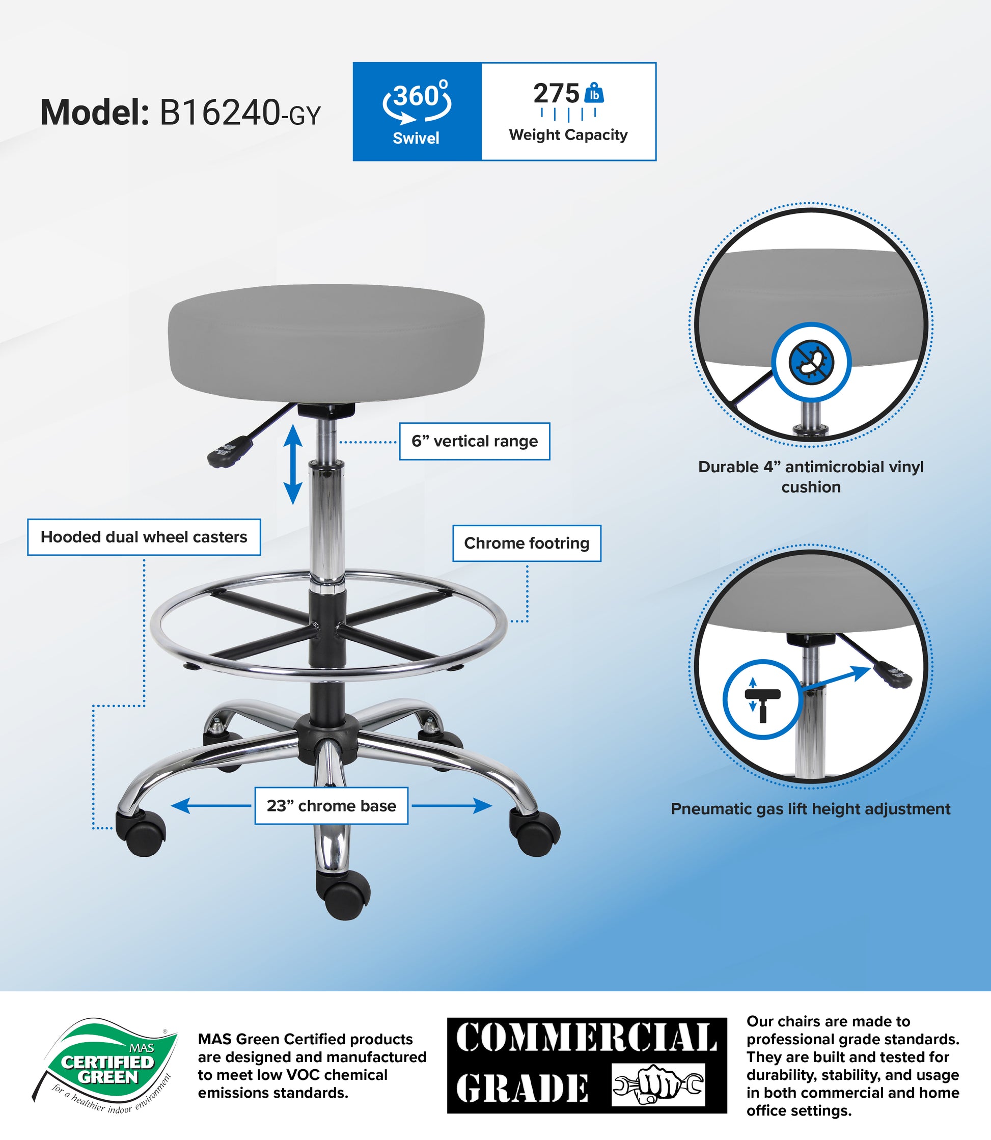 Boss Antimicrobial Vinyl Medical/Drafting Stool image 3