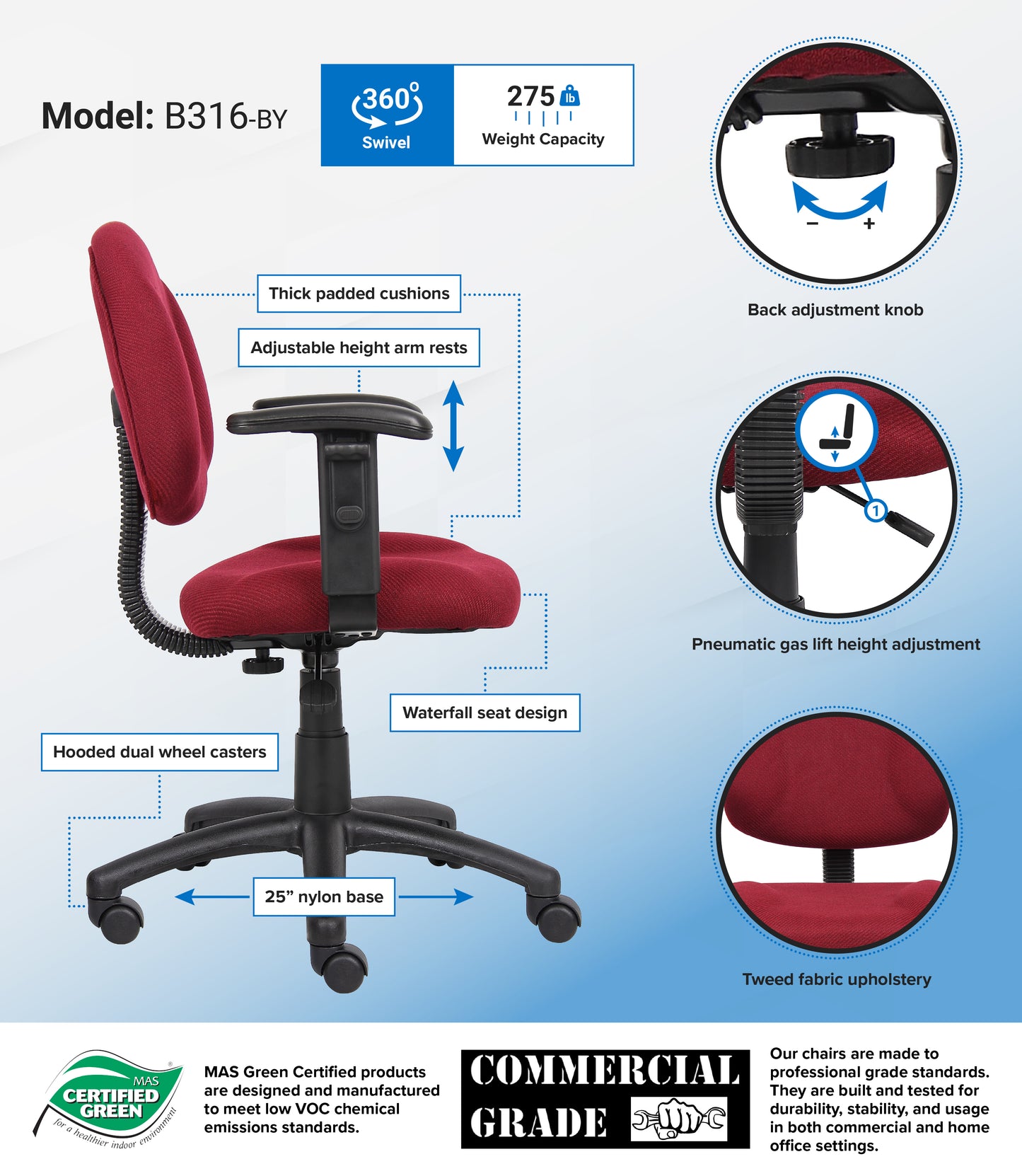 Boss Burgundy  Deluxe Posture Chair W/ Adjustable Arms image 3
