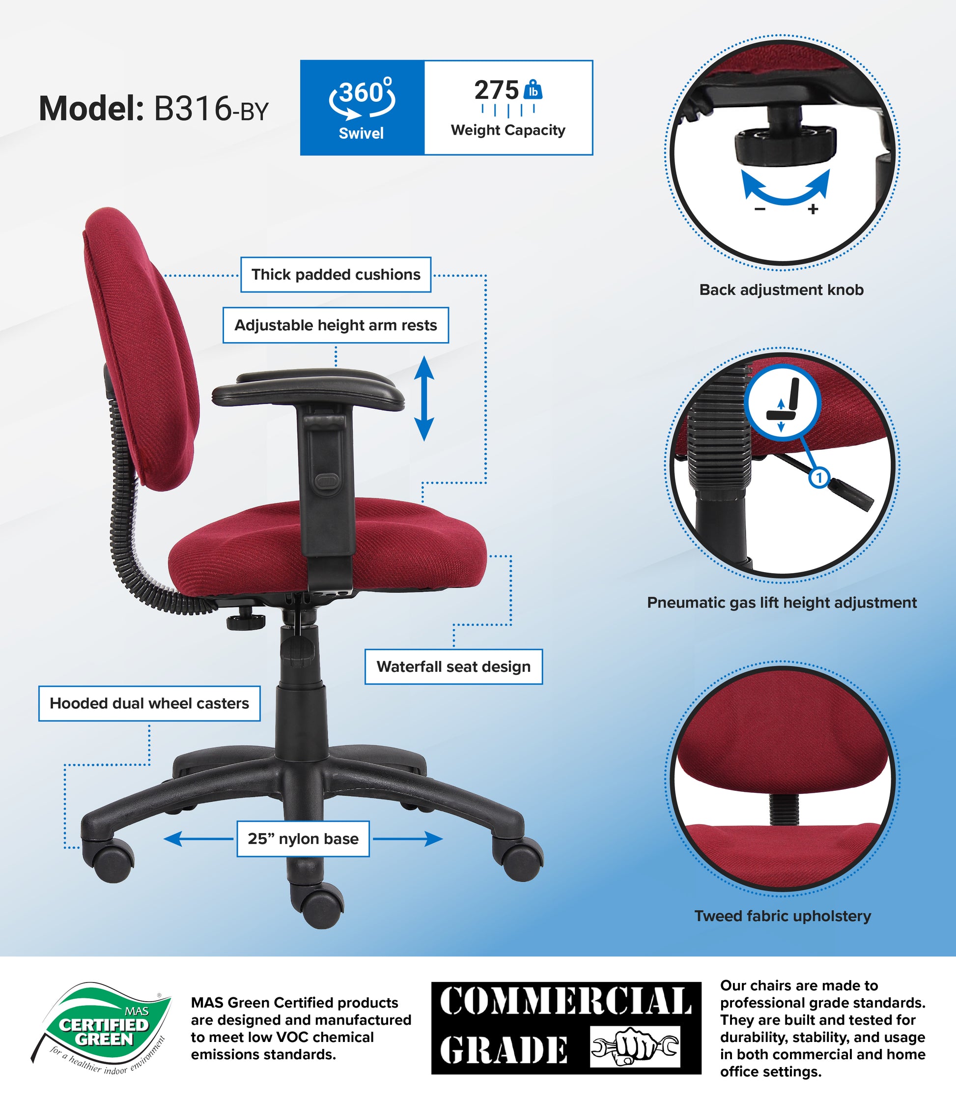 Boss Burgundy  Deluxe Posture Chair W/ Adjustable Arms image 3