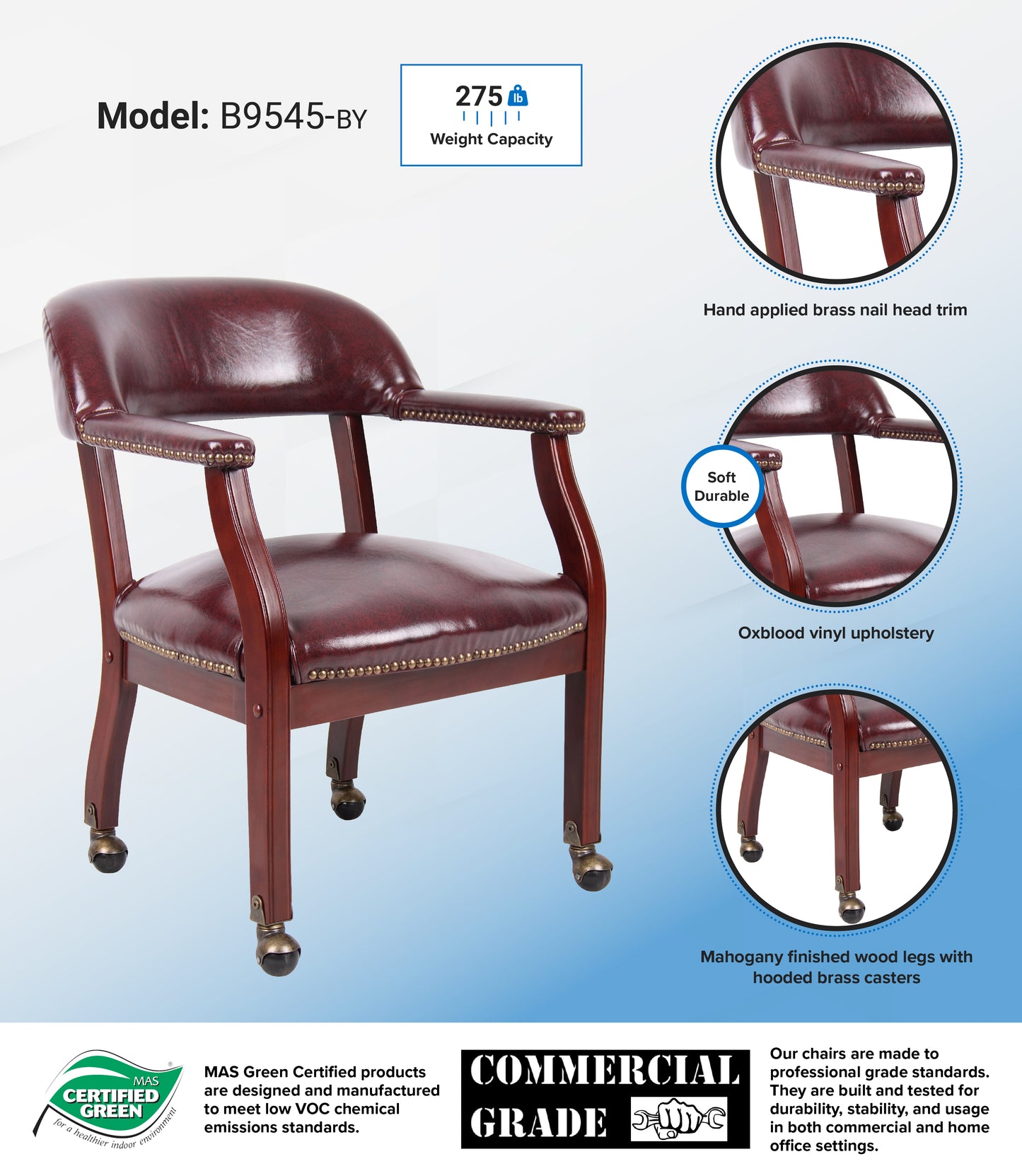 Boss Captain's guest, accent or dining chair in Burgundy Vinyl W/ Casters image 3