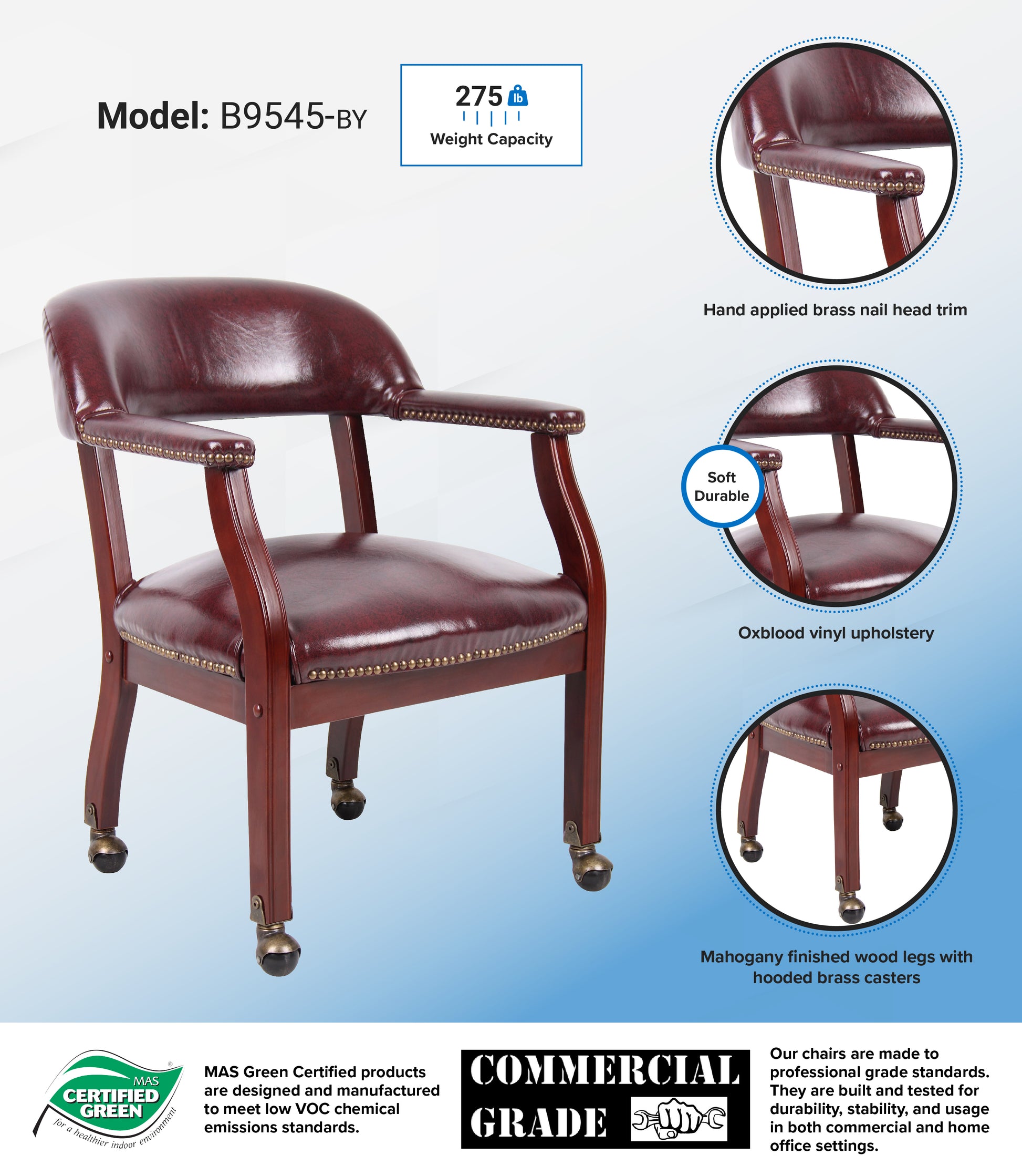 Boss Captain's guest, accent or dining chair in Burgundy Vinyl W/ Casters image 3