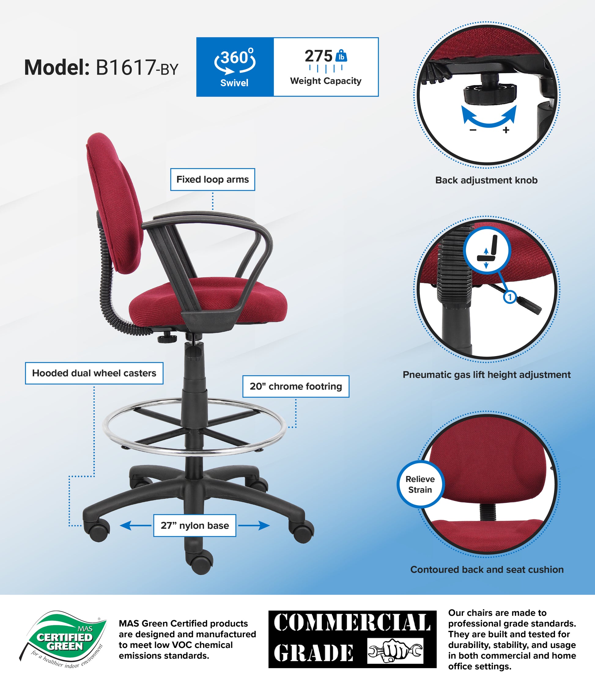 Boss Drafting Stool (B315-By) W/Footring And Loop Arms image 3