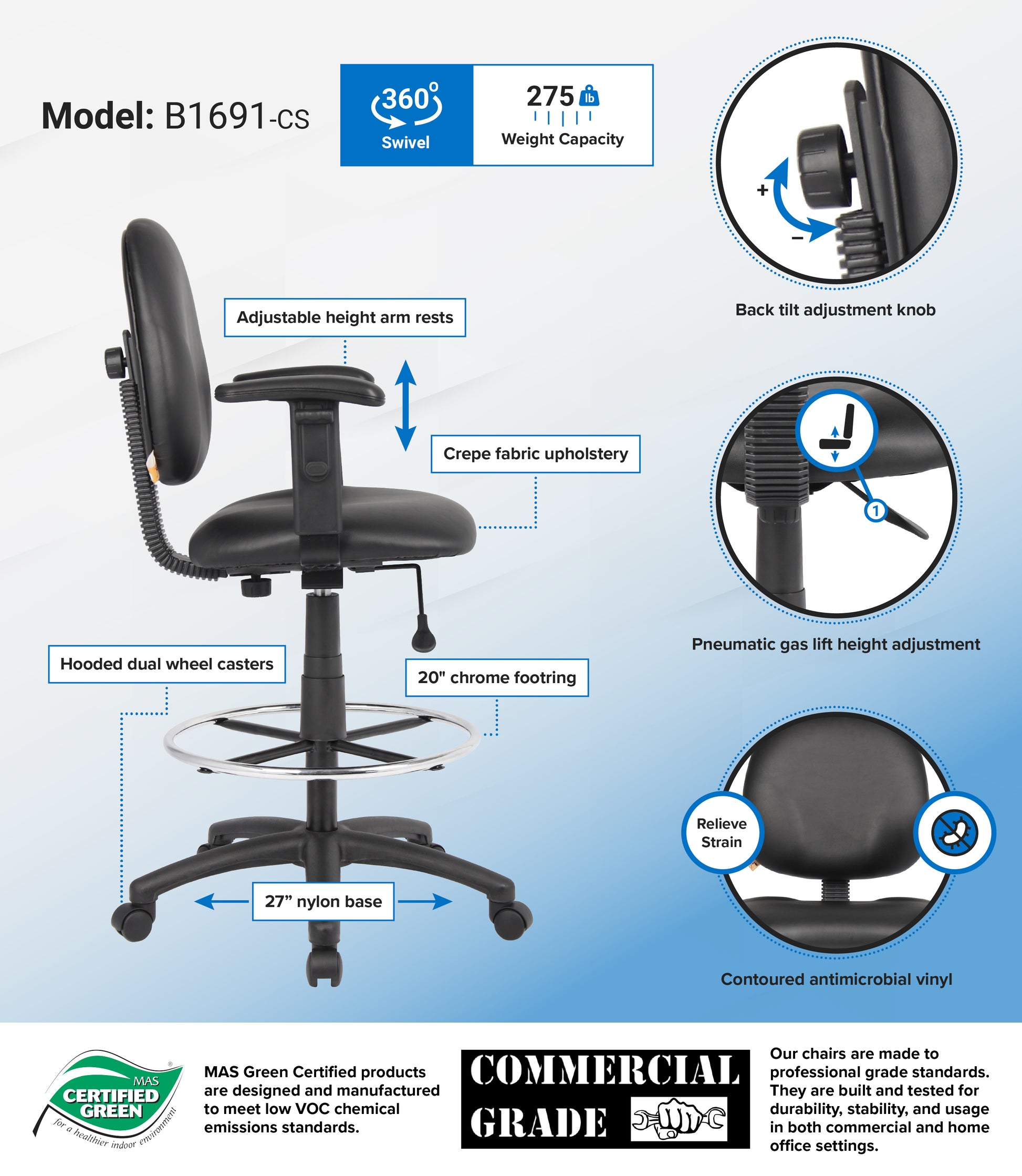 Boss Black Antimicrobial Drafting Stools W/Adj Arms & Footring image 3