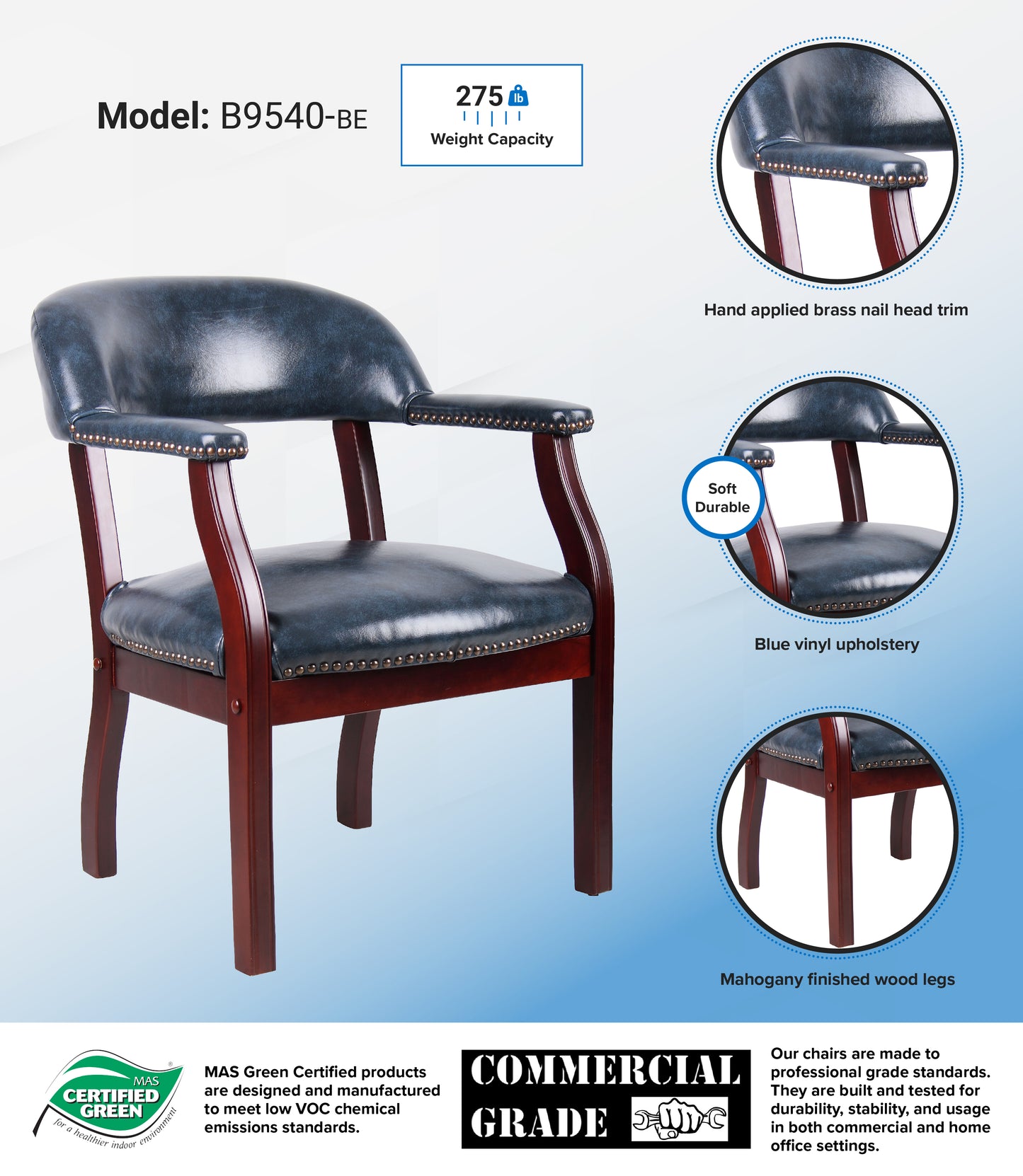 Boss Captain's guest, accent or dining chair in Blue Vinyl image 3