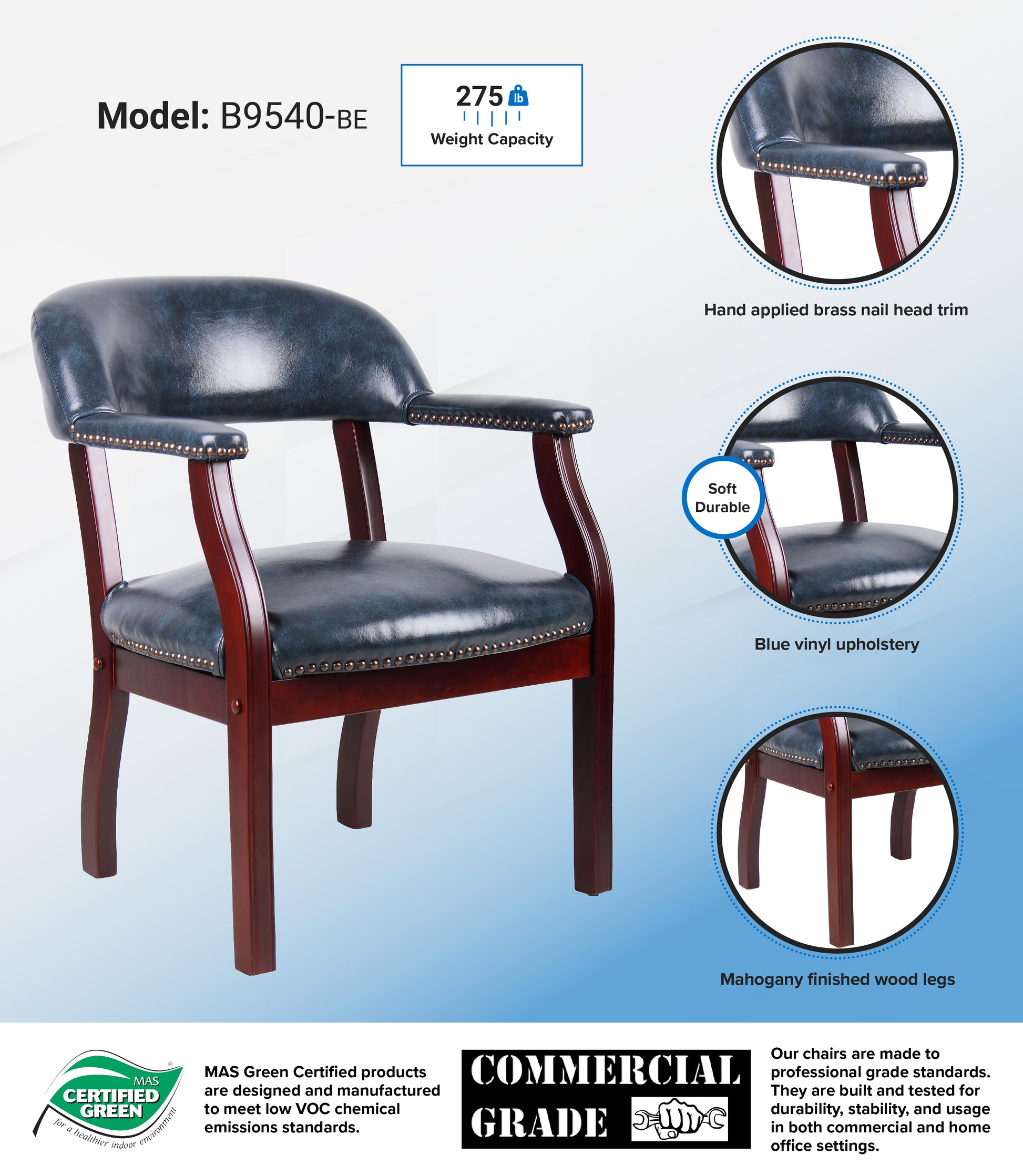 Boss Captain's guest, accent or dining chair in Blue Vinyl image 3