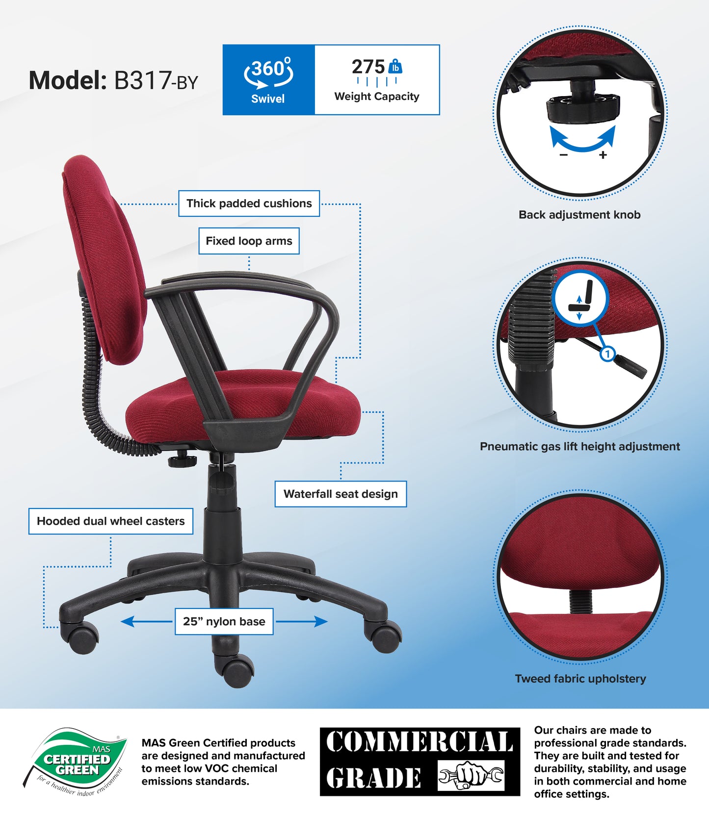 Boss Burgundy  Deluxe Posture Chair W/ Loop Arms image 3