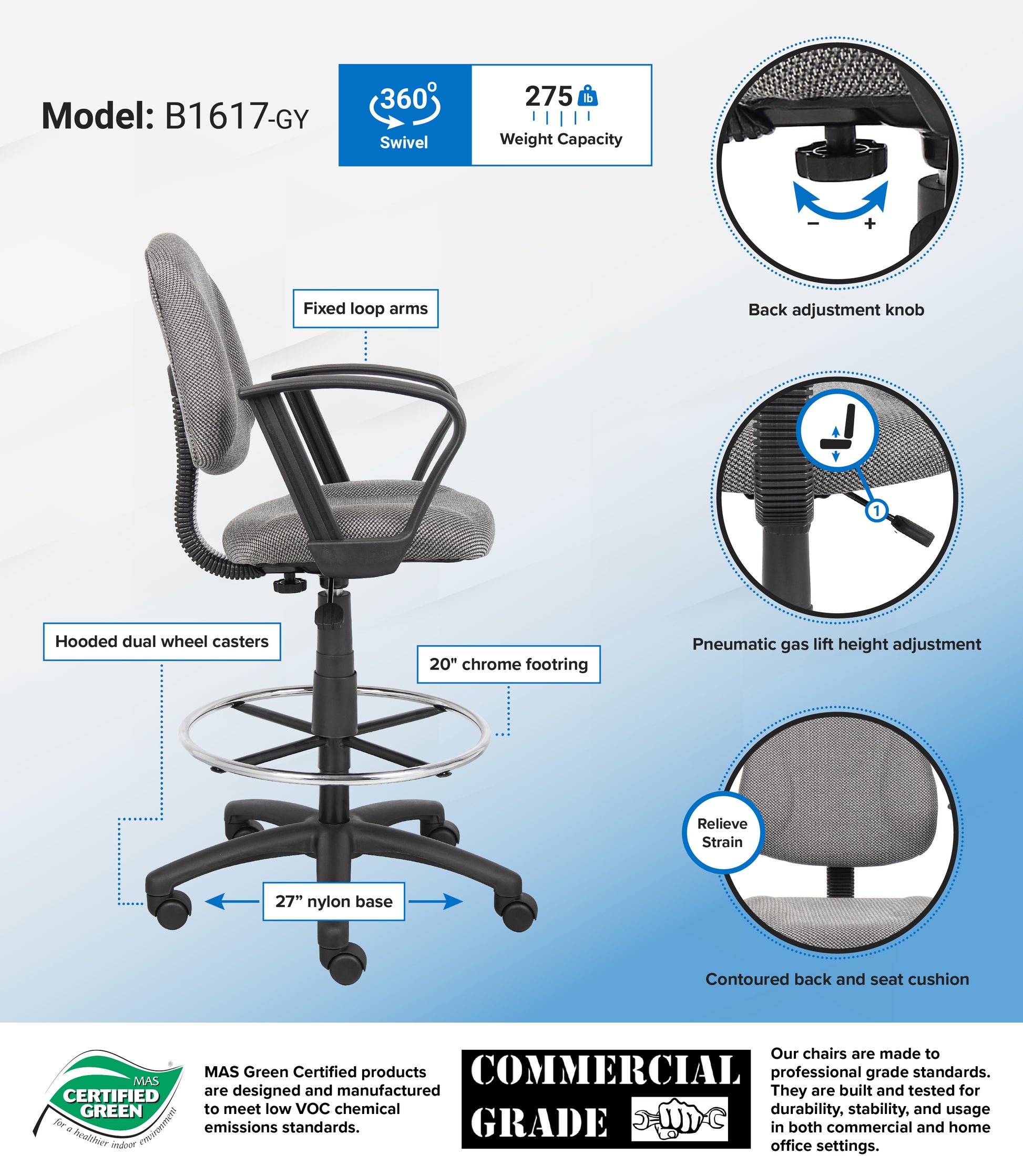 Boss Drafting Stool (B315-Gy) W/Footring And Loop Arms image 3