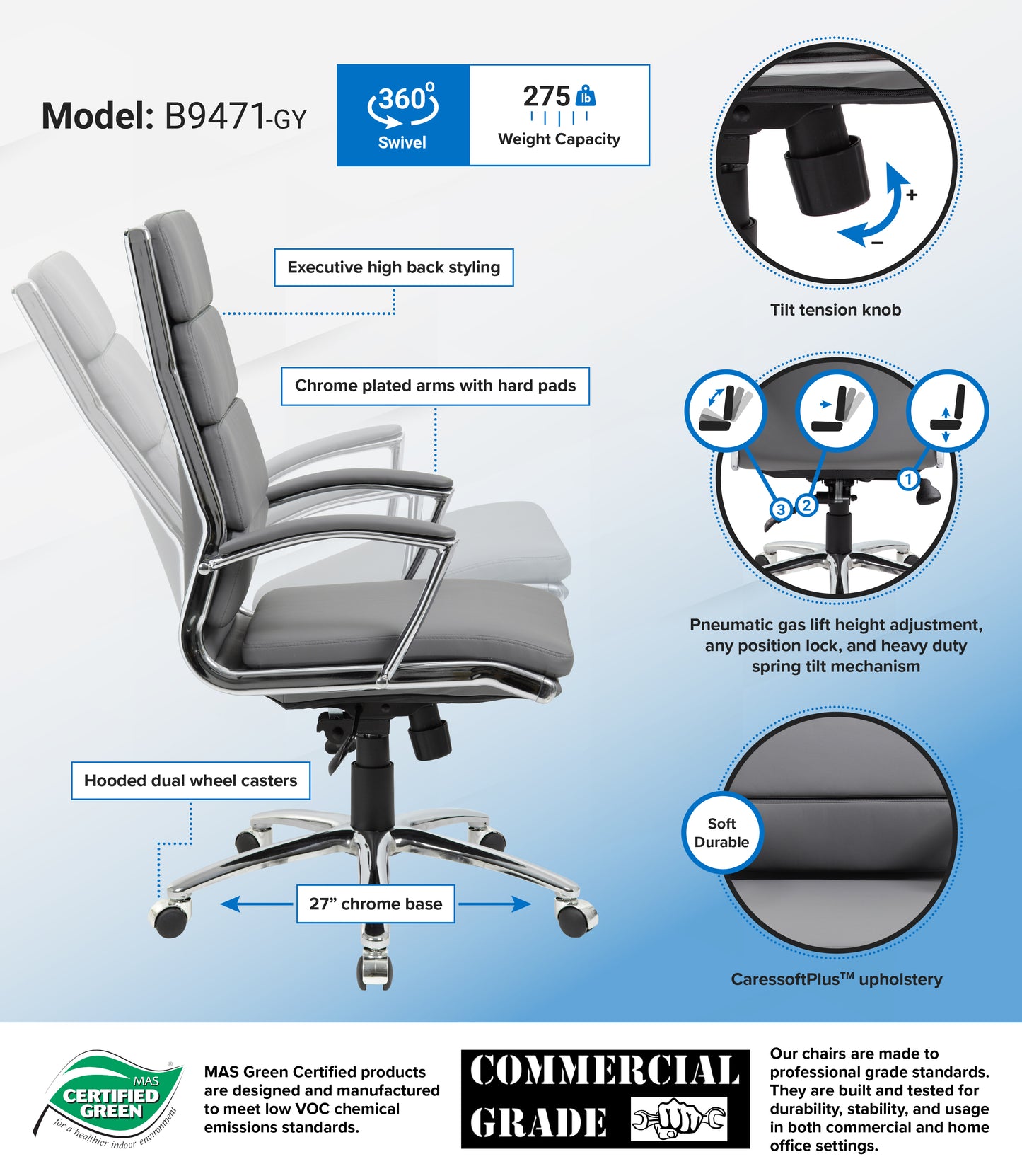 Boss Executive CaressoftPlus Chair with Metal Chrome Finish image 3