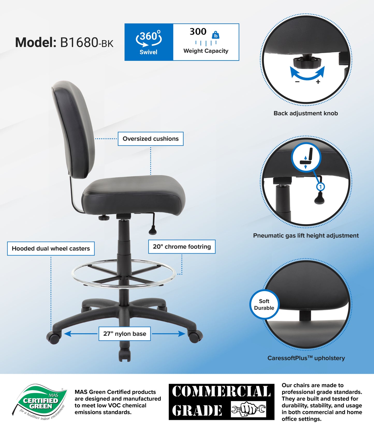 Boss 300 lb Heavy Duty Office Stool, Black image 3