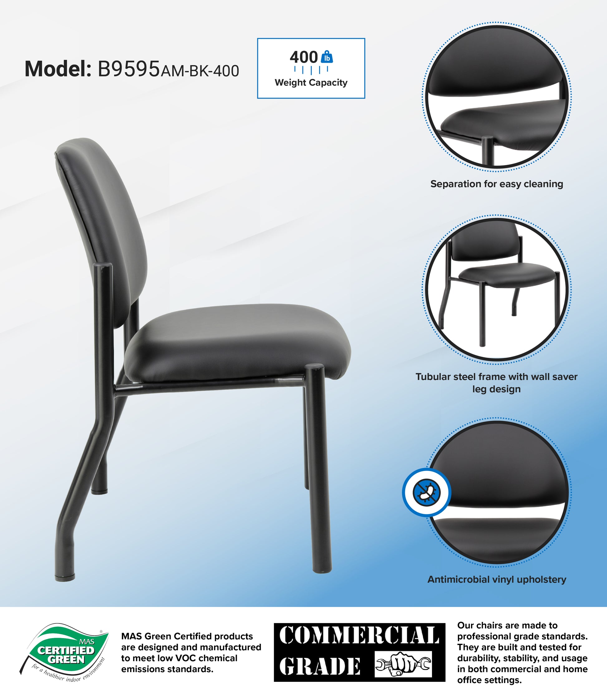 Boss Antimicrobial Armless Guest Chair, 400 lb. weight capacity image 3