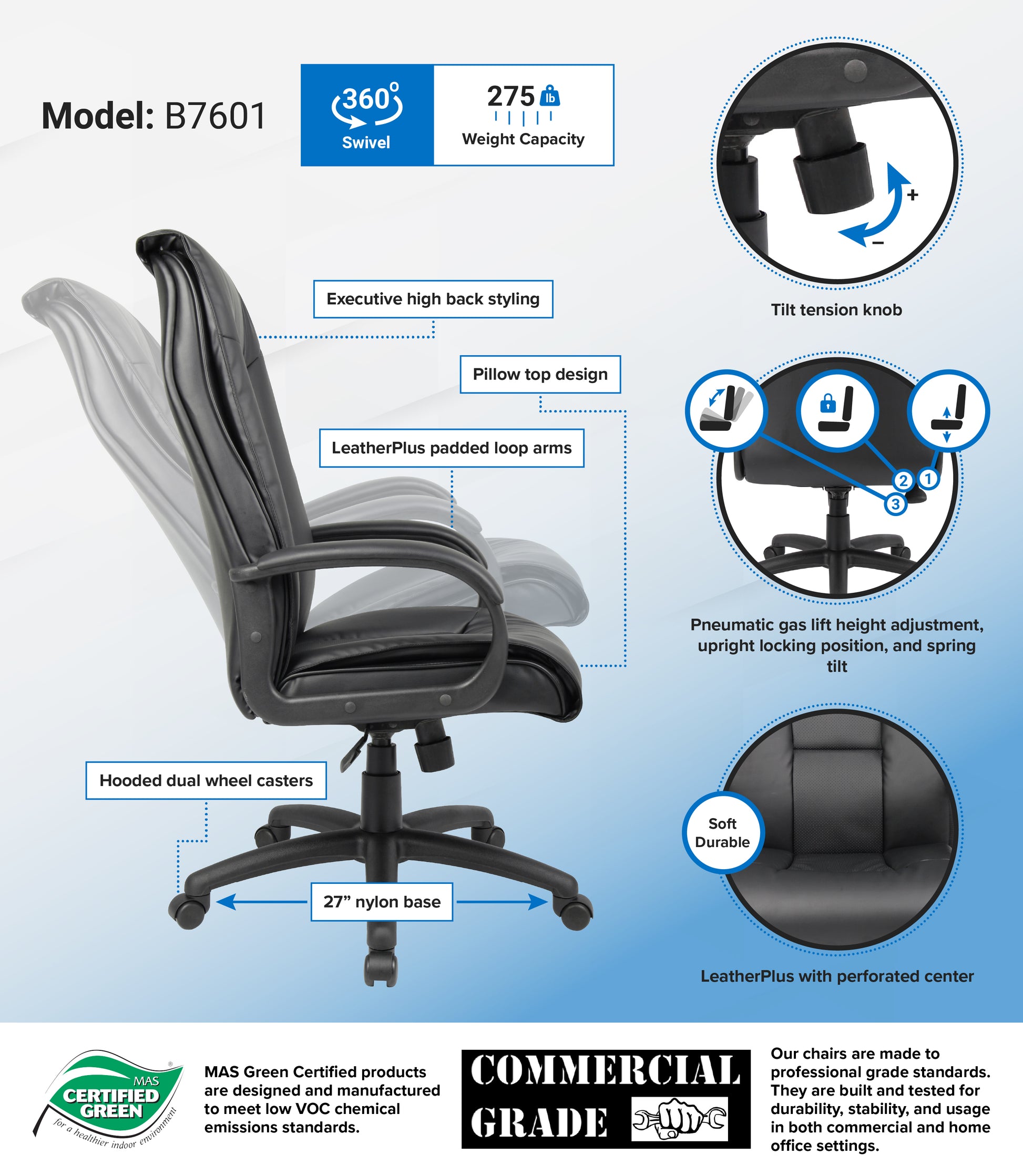 Boss Executive Leather Plus Chair W/Padded Arm image 3