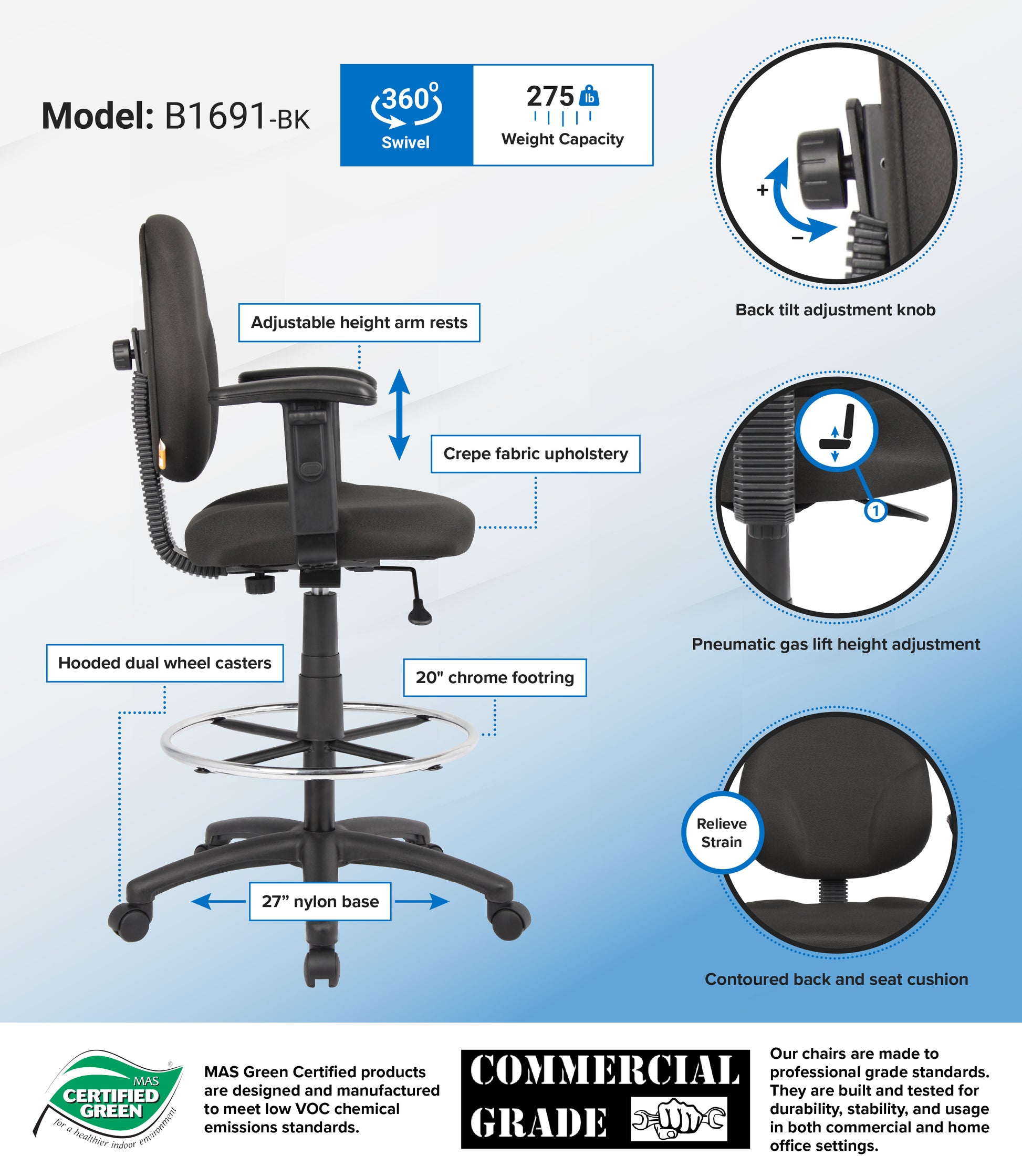 Boss Black Fabric Drafting Stools W/Adj Arms & Footring image 3