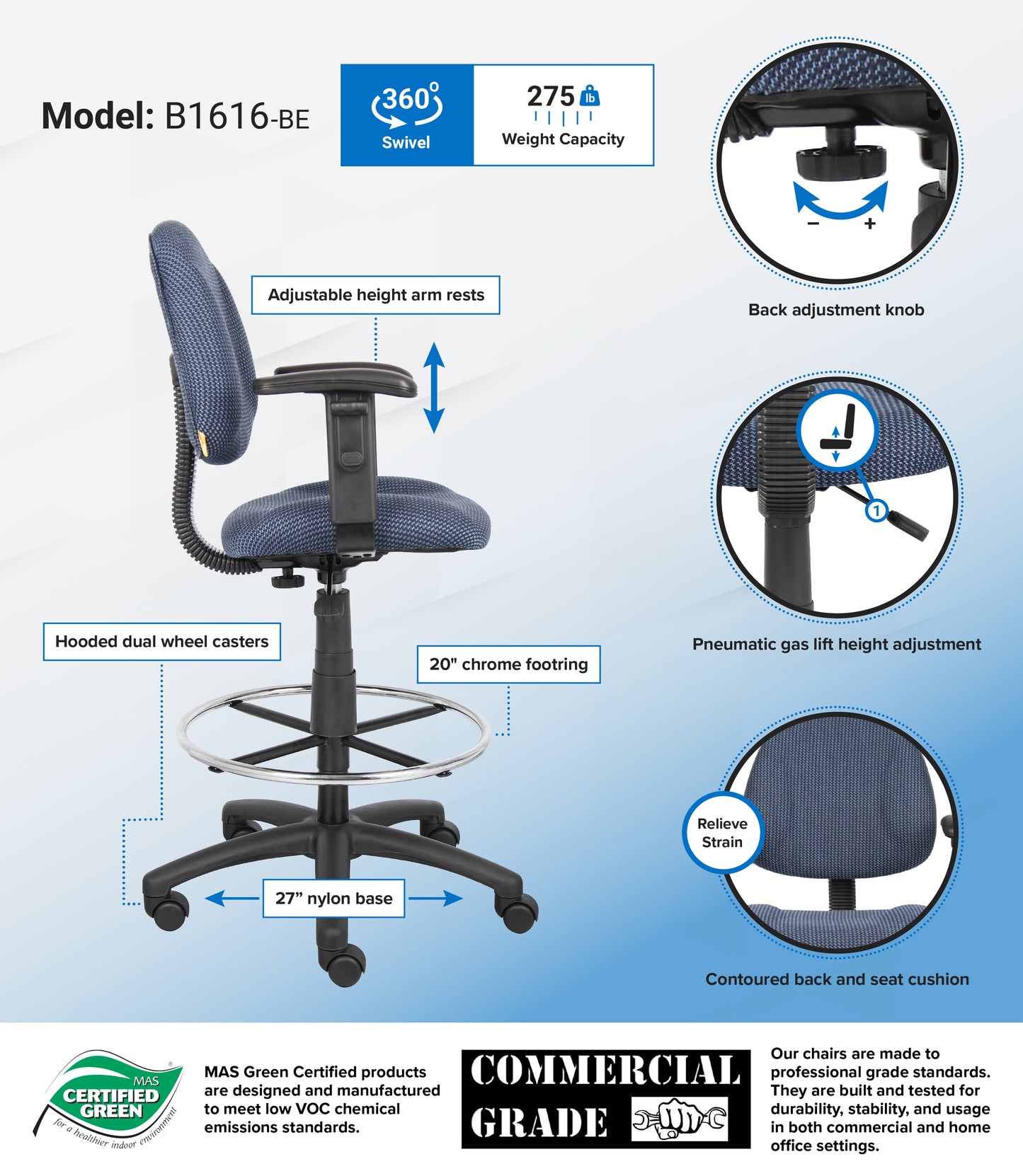 Boss Drafting Stool (B315-Be) W/Footring And Adjustable Arms image 3