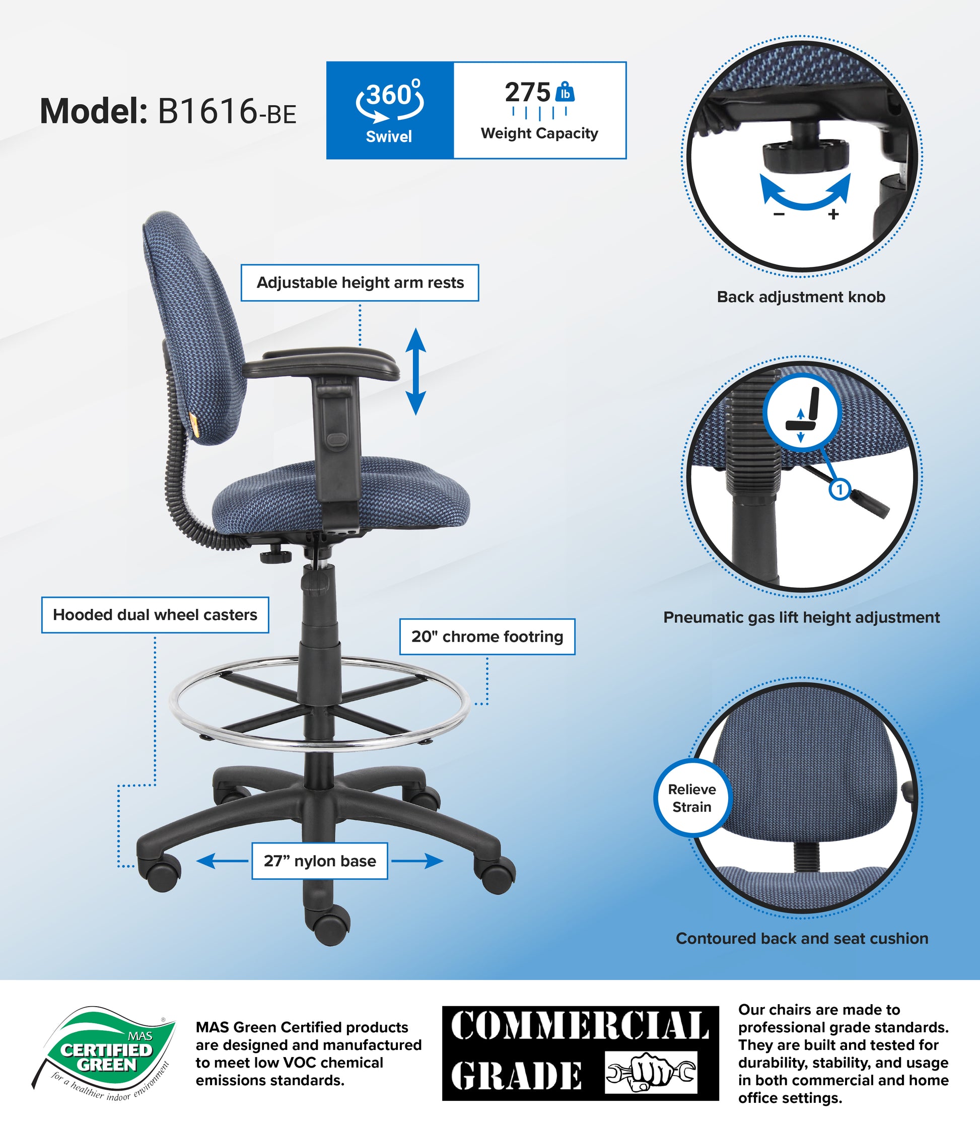 Boss Drafting Stool (B315-Be) W/Footring And Adjustable Arms image 3