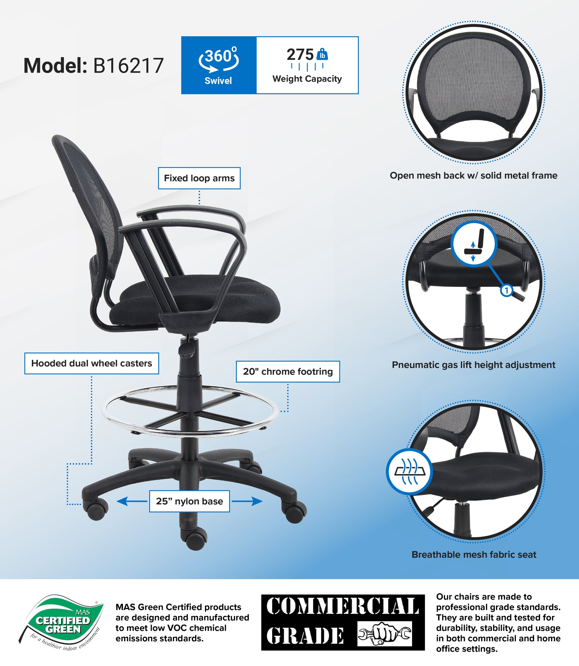 Boss Mesh Drafting Stool W/ Loop Arms image 3