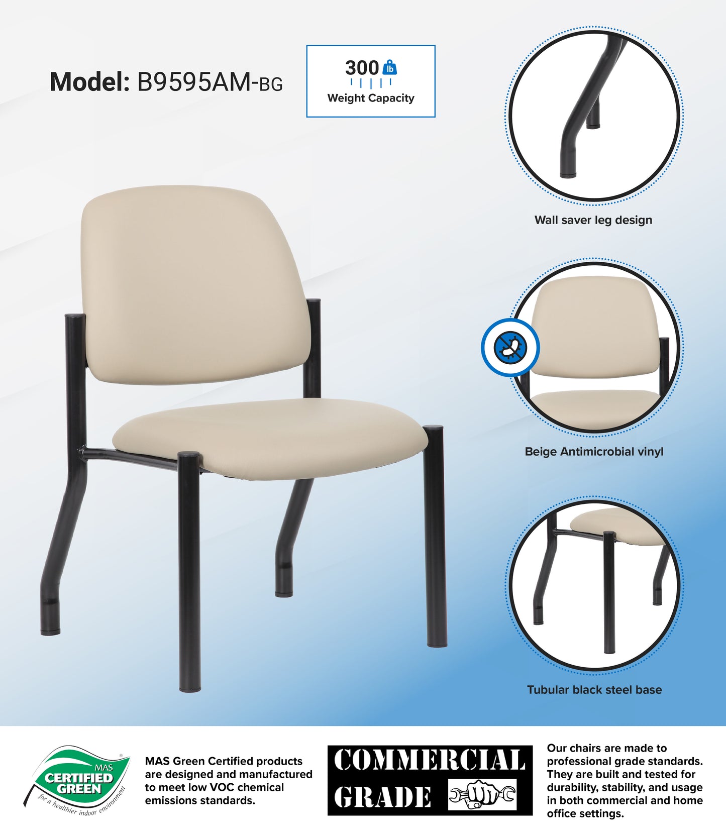 Boss Antimicrobial Armless Guest Chair, 300 lb. weight capacity image 3