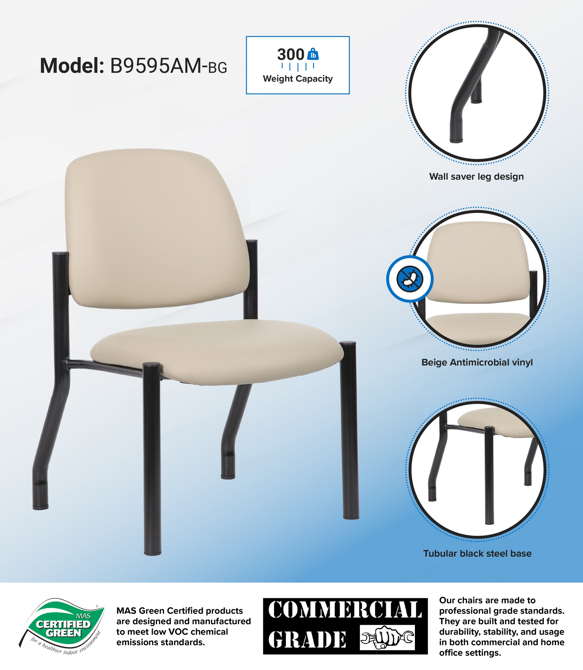 Boss Antimicrobial Armless Guest Chair, 300 lb. weight capacity image 3