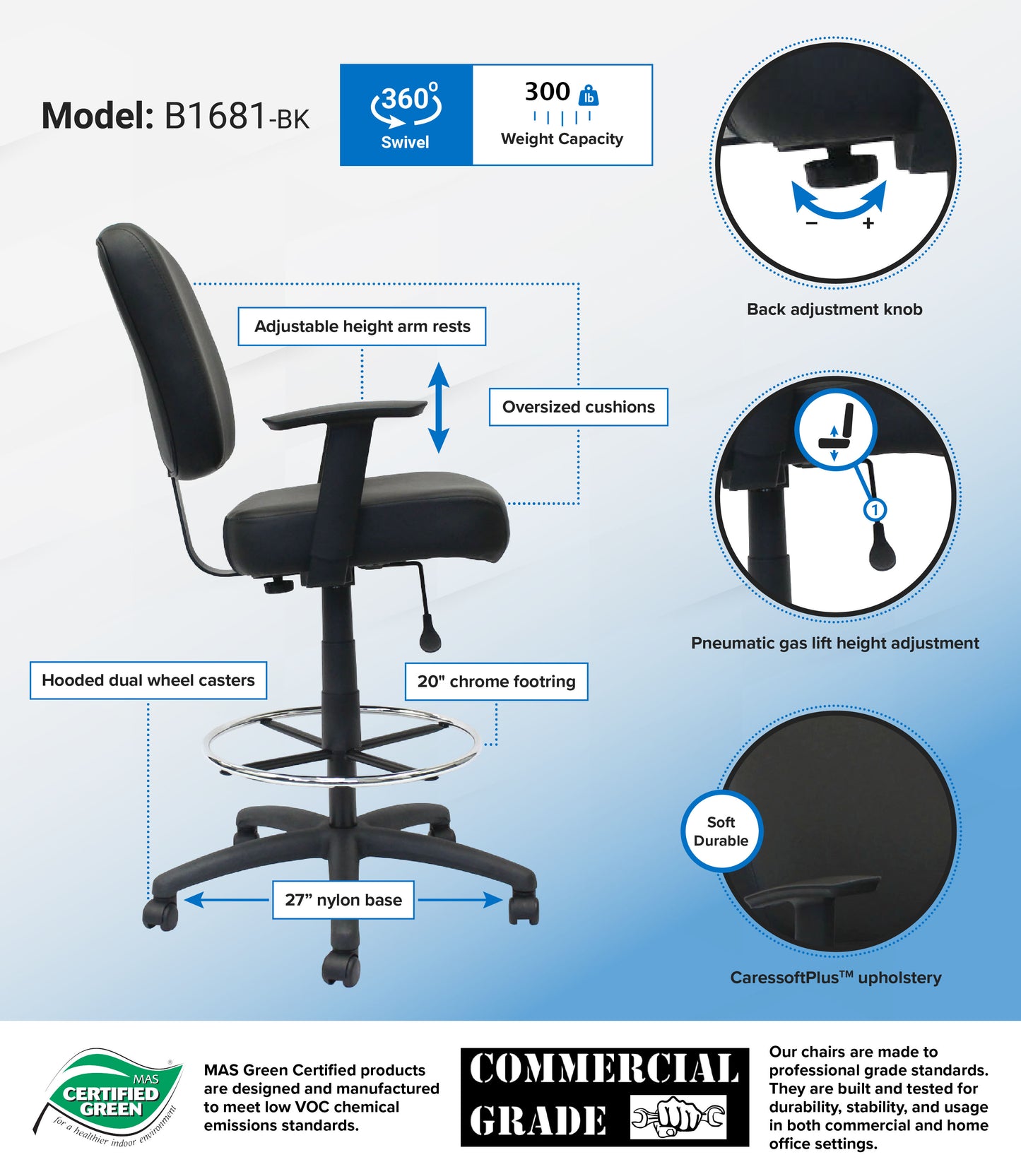 Boss 300 lb Heavy Duty Office Stool, Black image 3