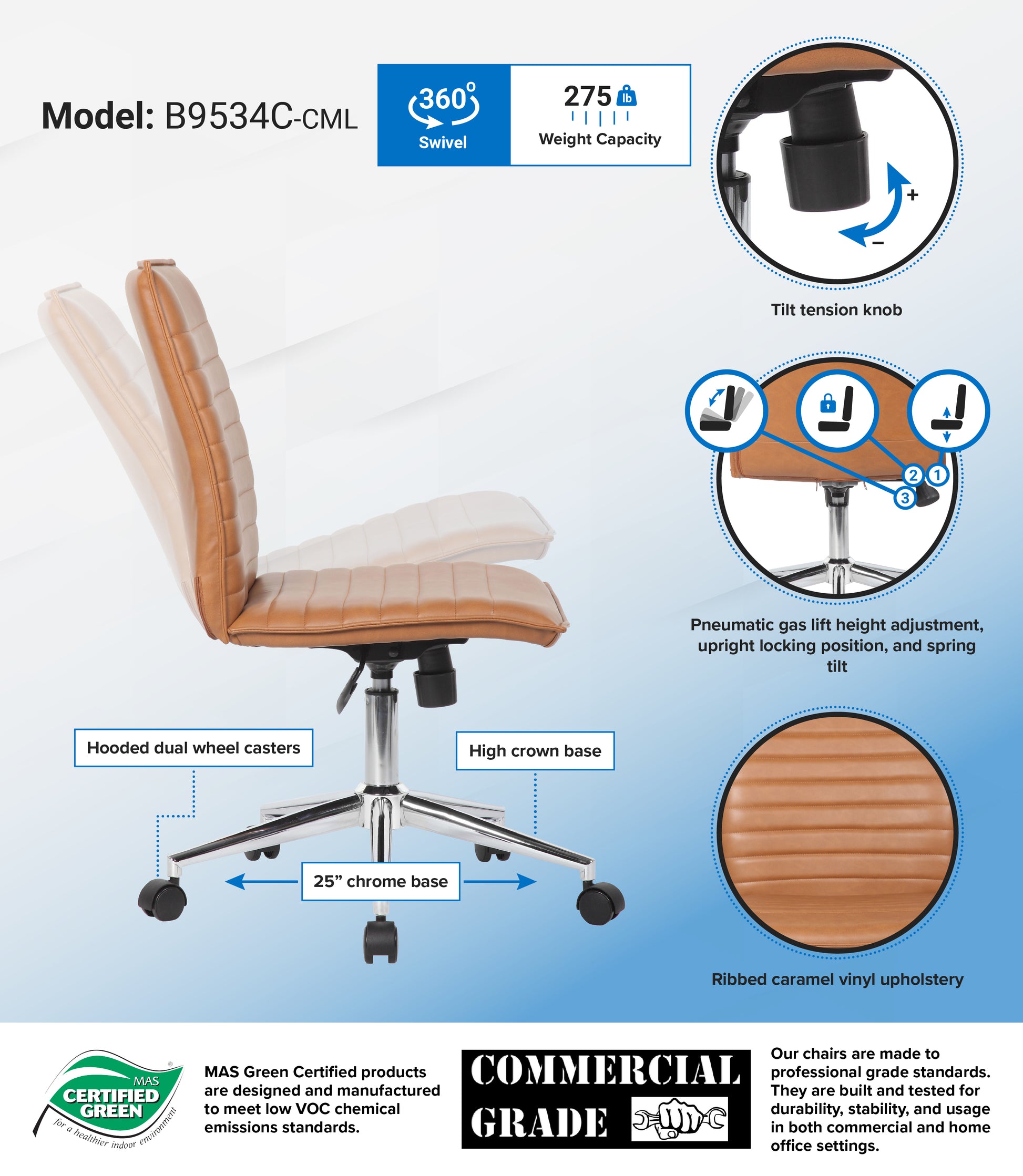 Boss Caramel Vinyl Armless Hospitality Chair image 3