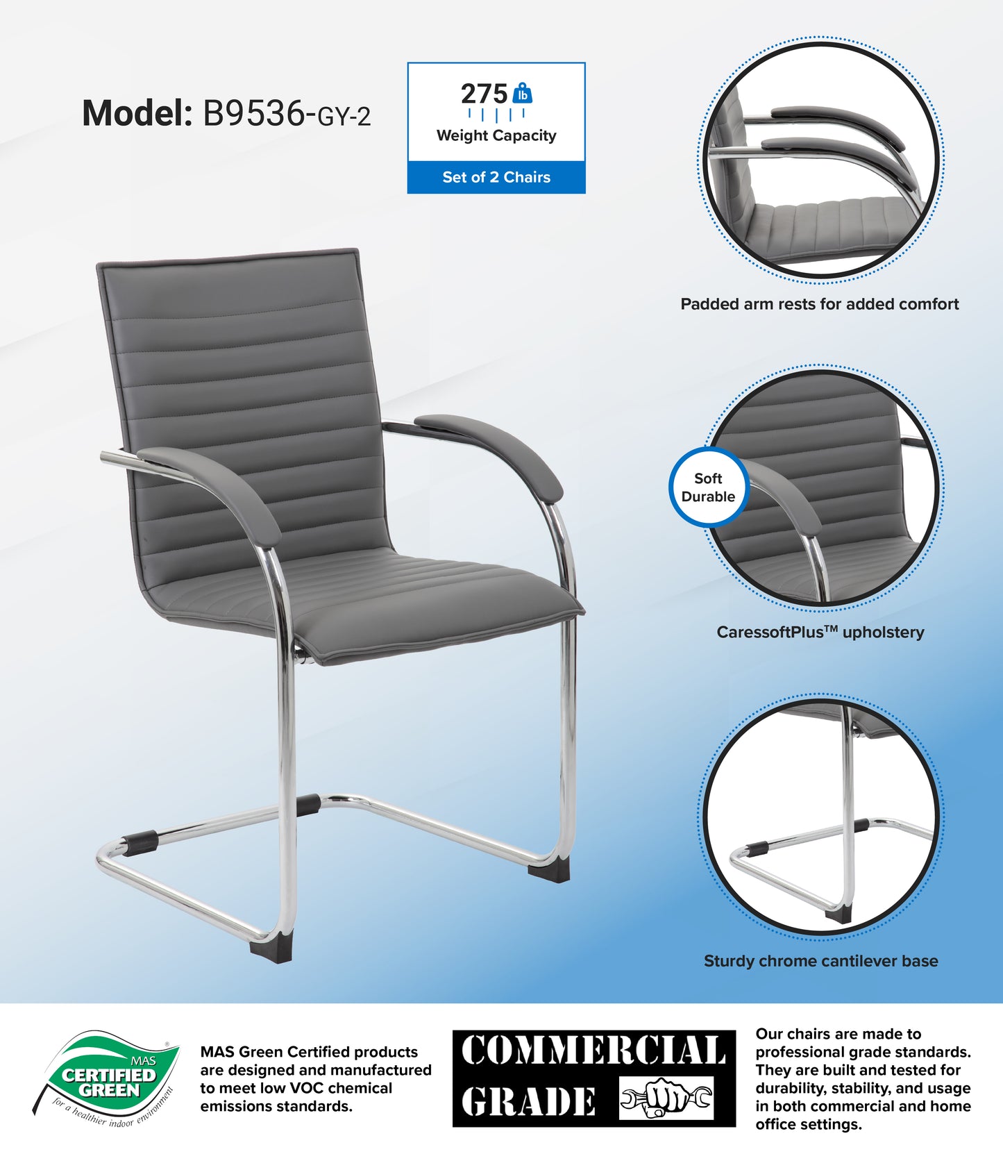 Boss Chrome Frame, Grey Vinyl Side Chair, 2 pack image 3